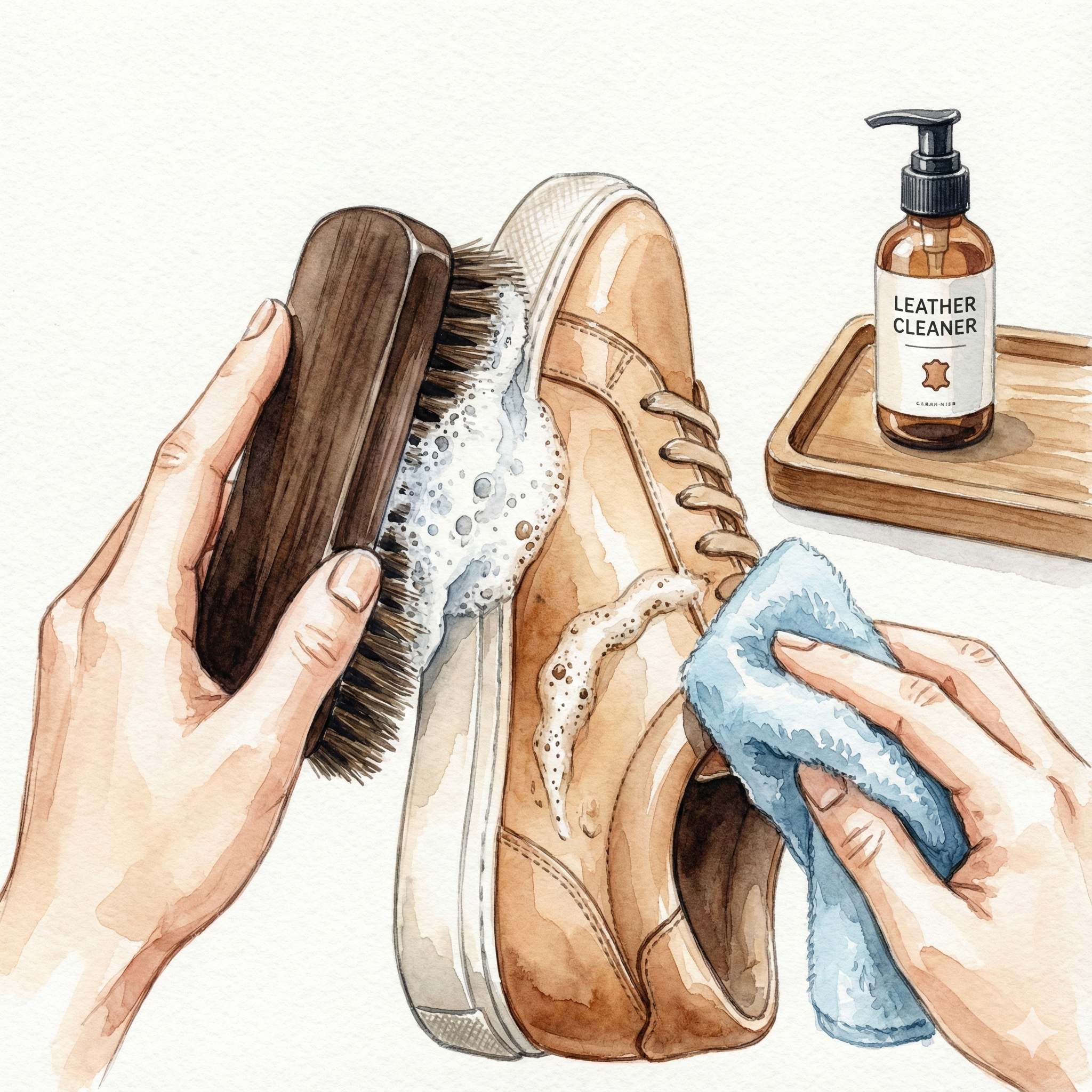 Illustration of cleaning a leather sneaker with foam cleaner and a brush, then wiping clean with a cloth