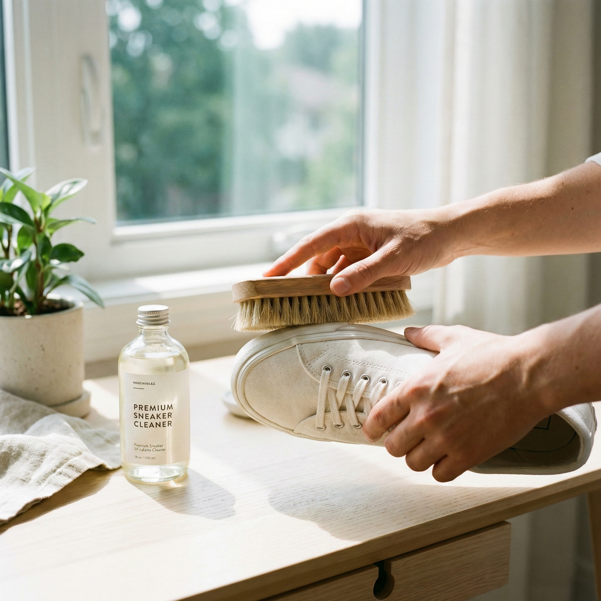 Illustration of sneakers being scrubbed with a brush alongside a leather cleaner product