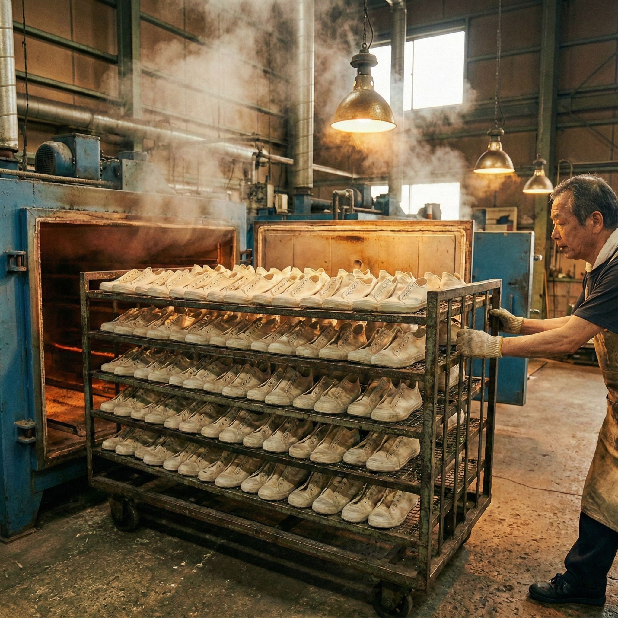 Illustration of shoes inside a factory kiln being bonded using the vulcanized method