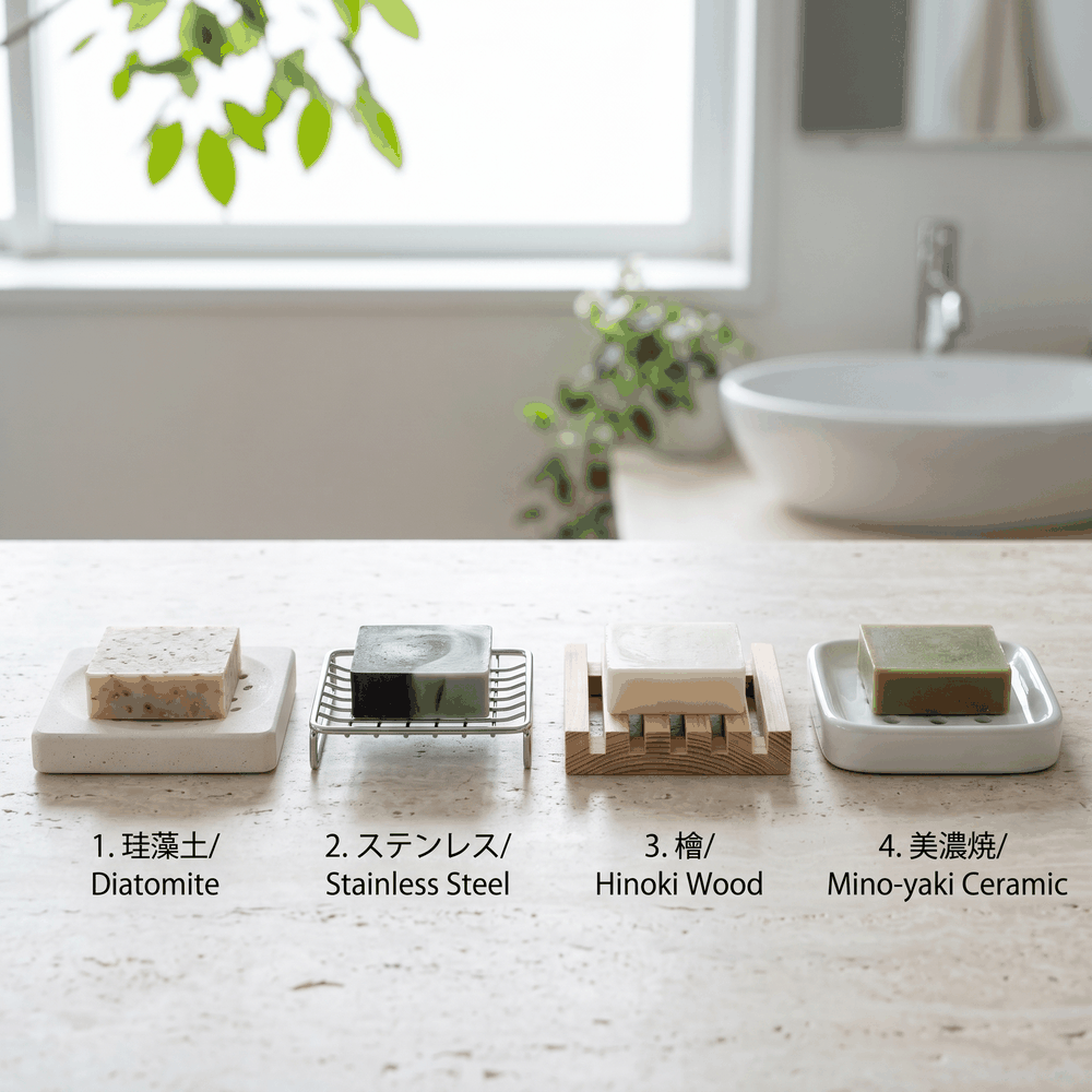 Side-by-side comparison of ceramic, stainless and wood soap dishes