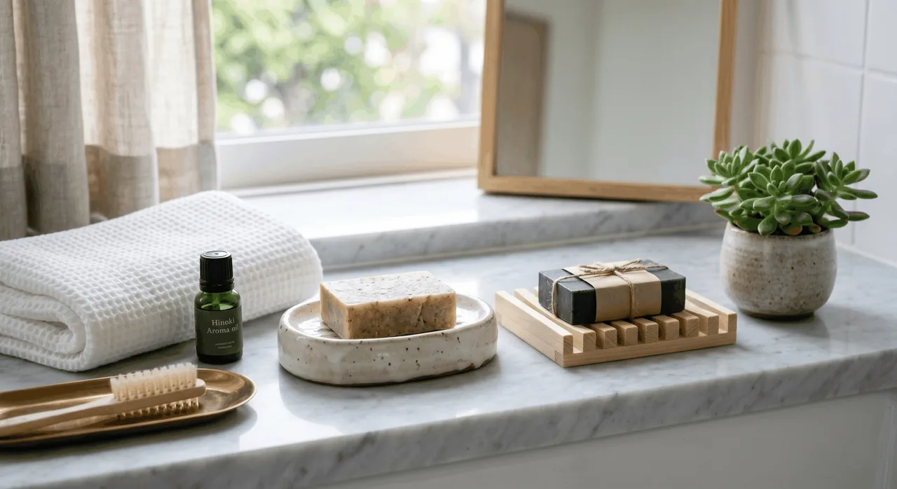 Clean bathroom counter with ceramic and wood soap dishes in a hotel-like arrangement