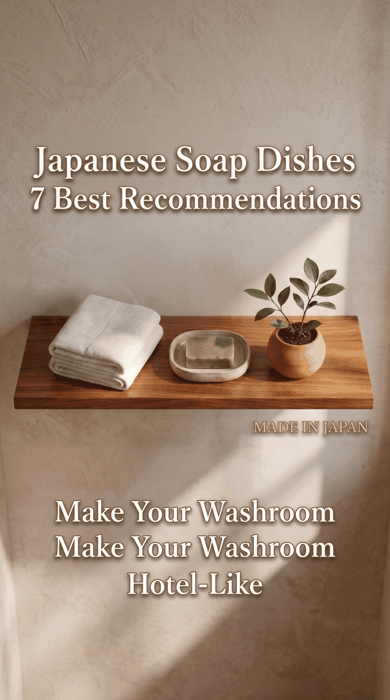 Japanese ceramic and hinoki soap dishes on a clean bathroom counter