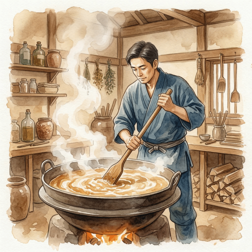 An artisan soap-maker tending a large kettle, stirring the slow-boiling soap mixture (watercolor illustration)