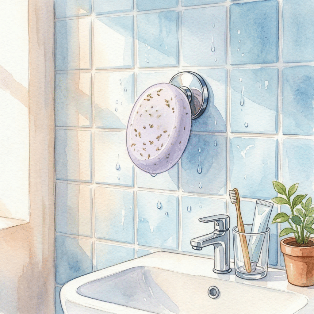 A bar of soap held by a magnetic wall-mount holder, draining freely between uses (illustration)