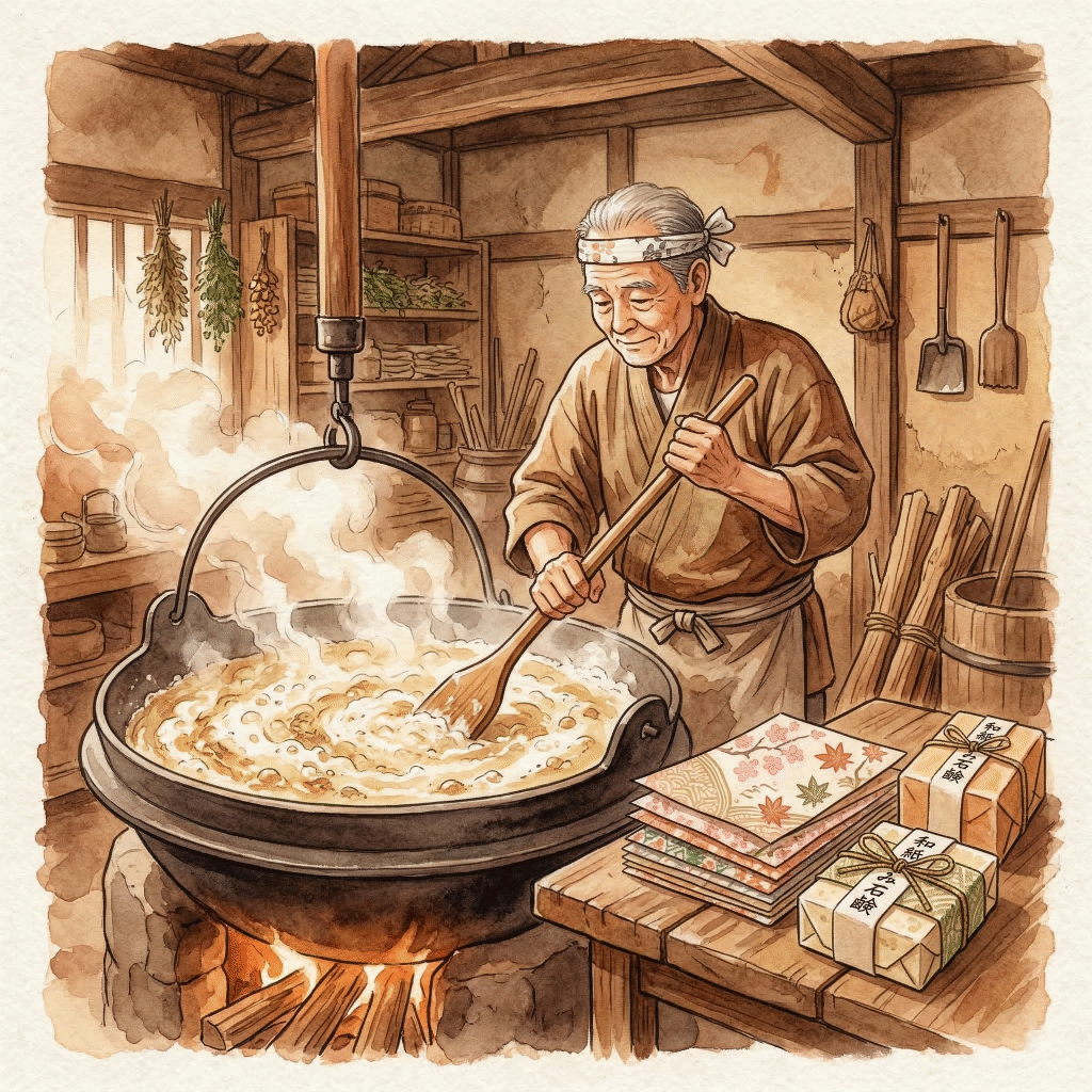 Artisan soap bars being individually wrapped in delicate washi paper (watercolor illustration)