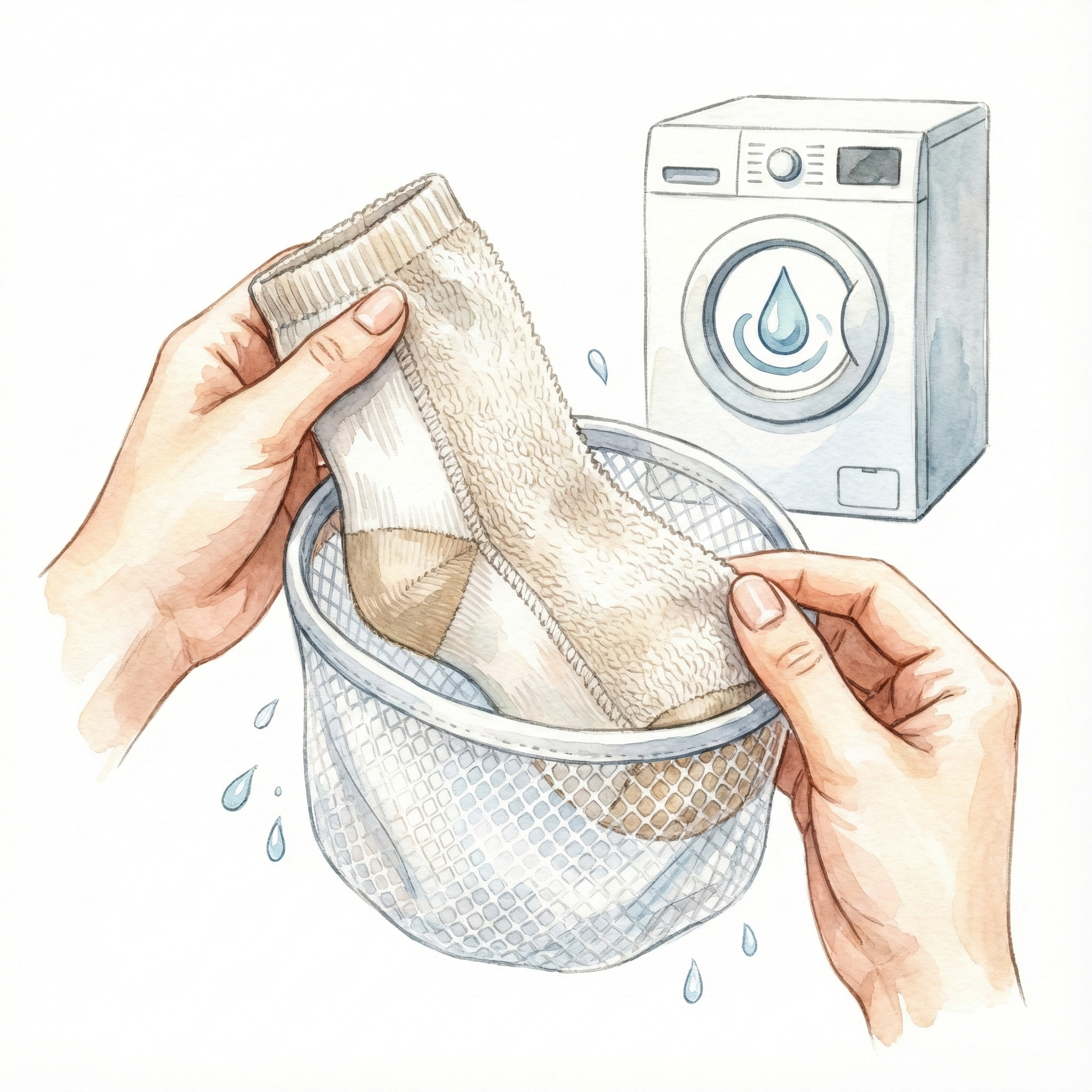 Socks turned inside out before being placed in a mesh laundry bag for machine washing