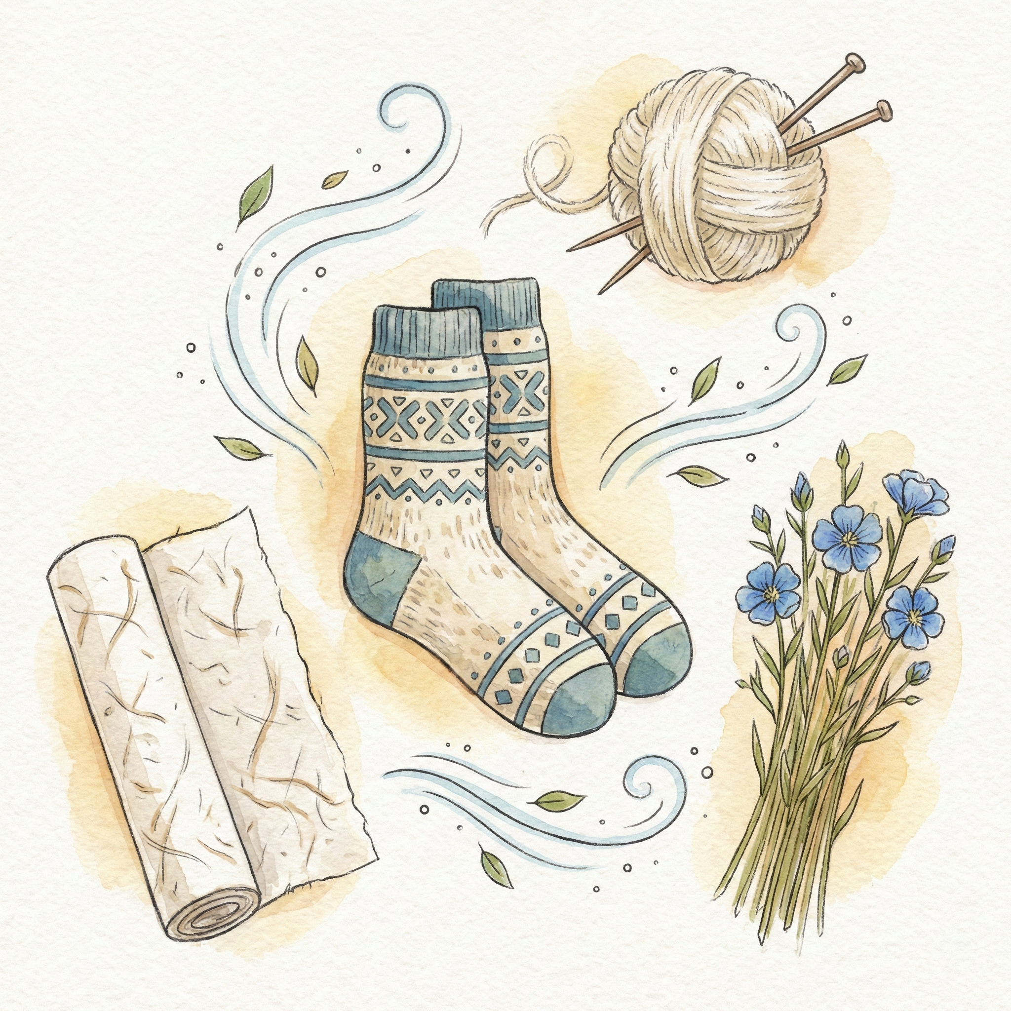 Illustration of washi paper, linen, and wool natural fiber materials and how each draws moisture away from the foot