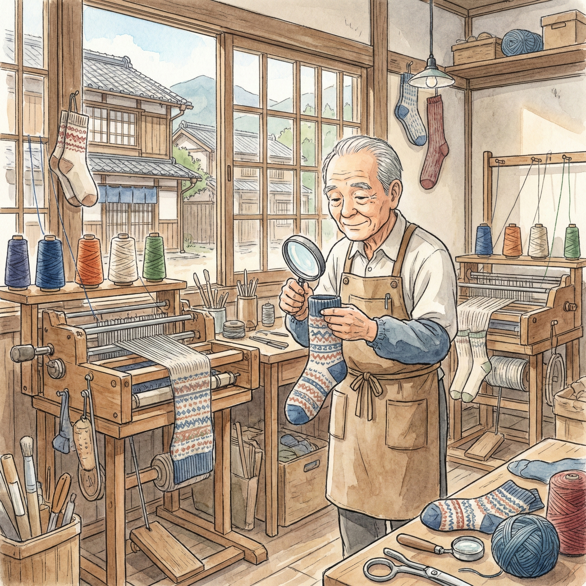 Illustration of a craftsman in an old Nara factory adjusting a sock knitting machine