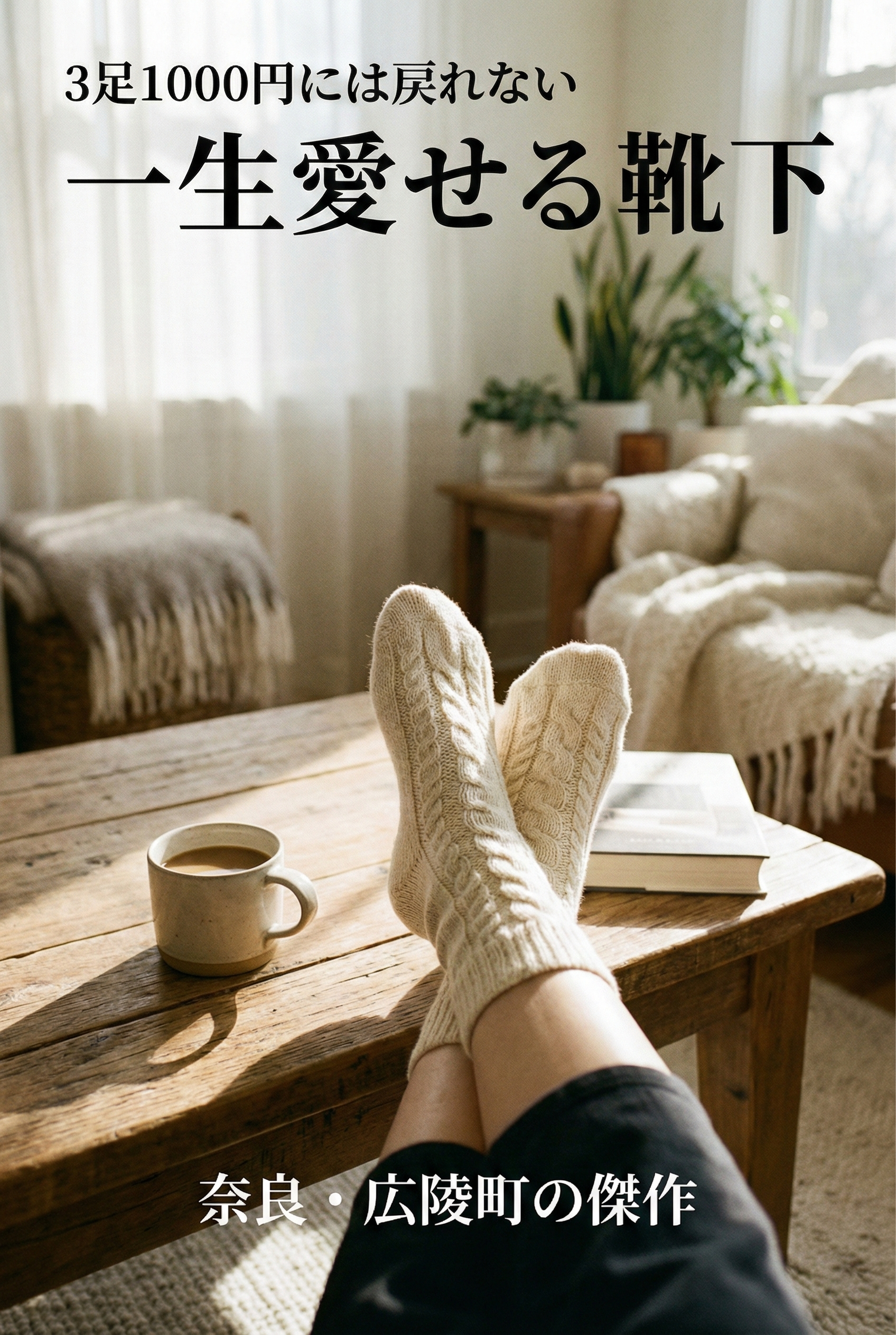 Close-up of feet in premium Japanese socks, relaxed on a living room floor on a quiet day