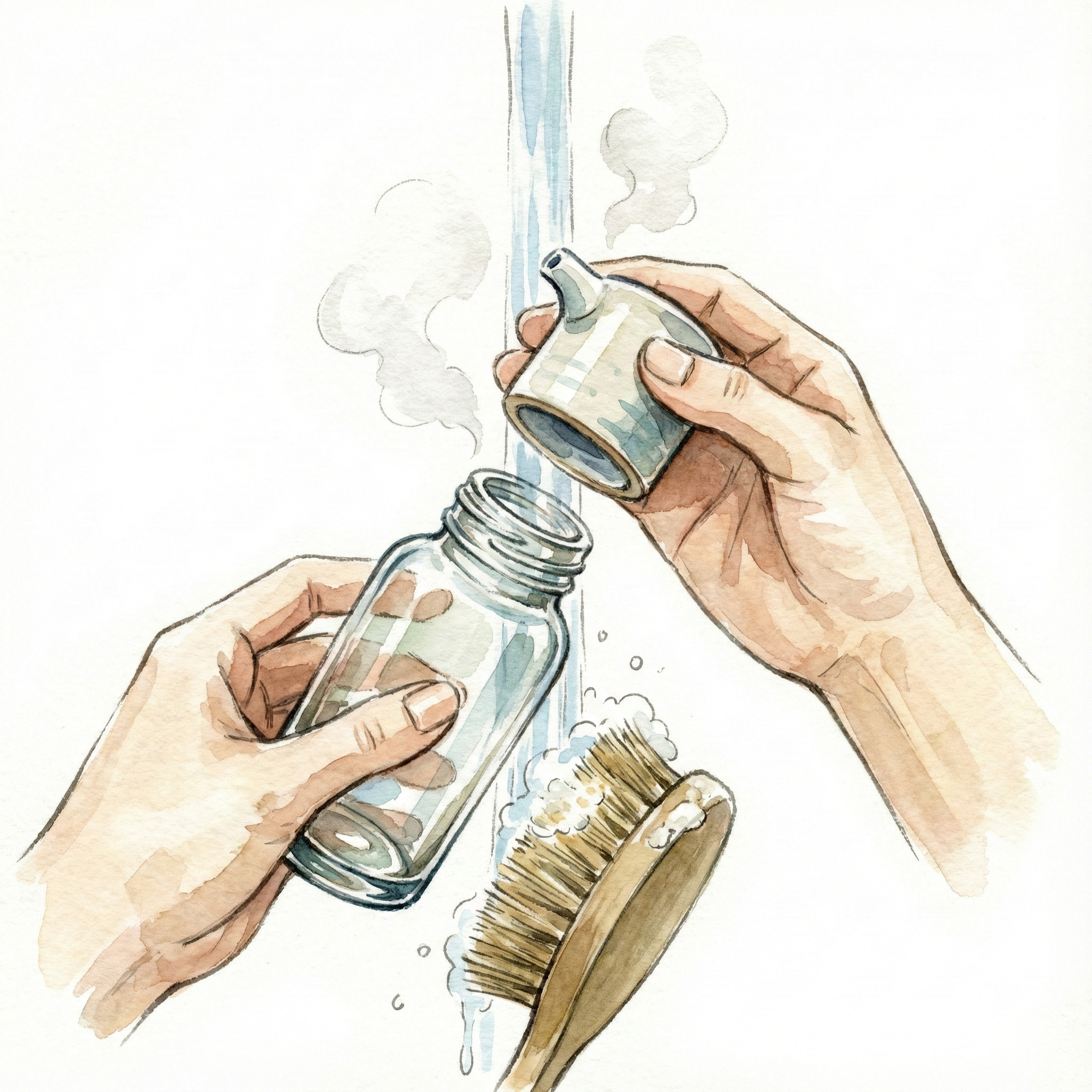 Illustration of washing and maintaining a soy sauce dispenser