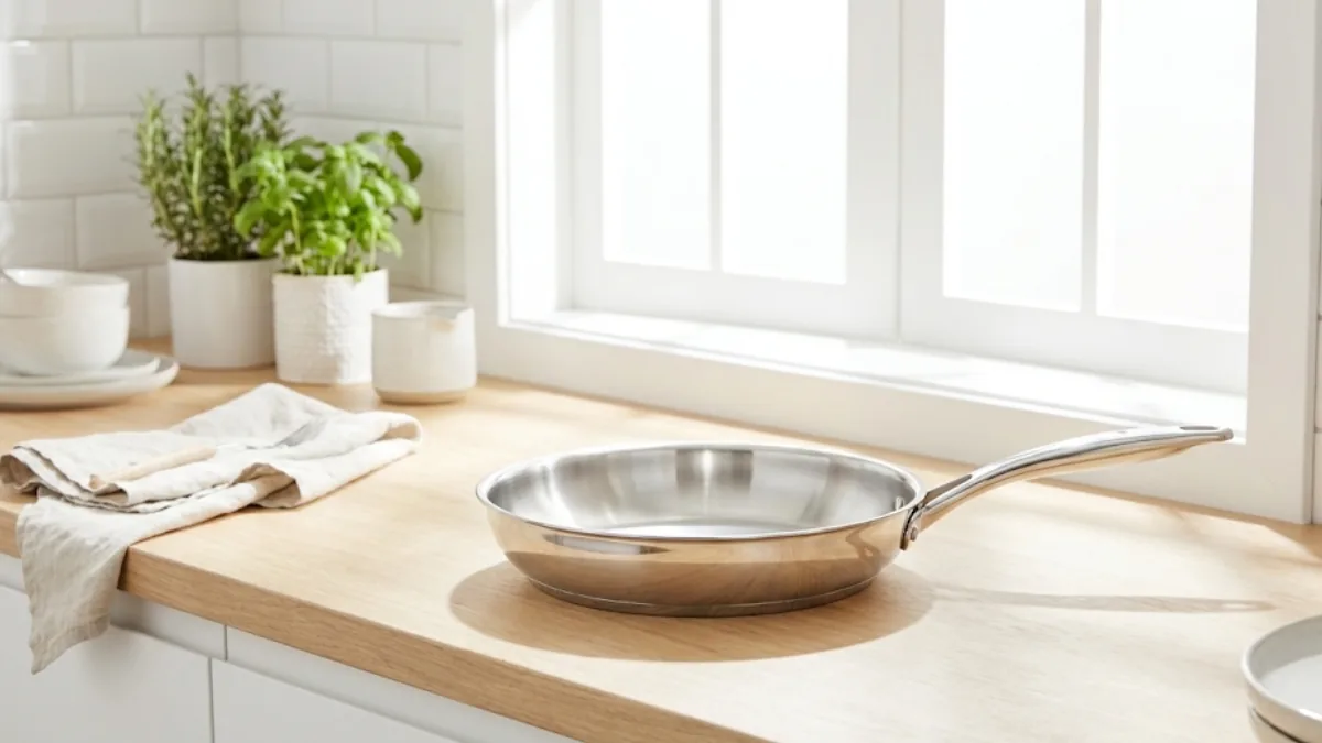 Japanese multi-ply stainless steel frying pan on a clean kitchen counter, showing its clean polished finish and professional appearance
