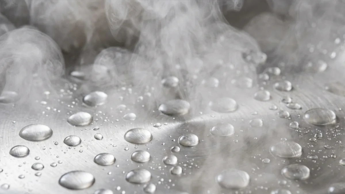 Water droplets beading and rolling on a fully preheated stainless steel frying pan, demonstrating the Leidenfrost effect that prevents sticking