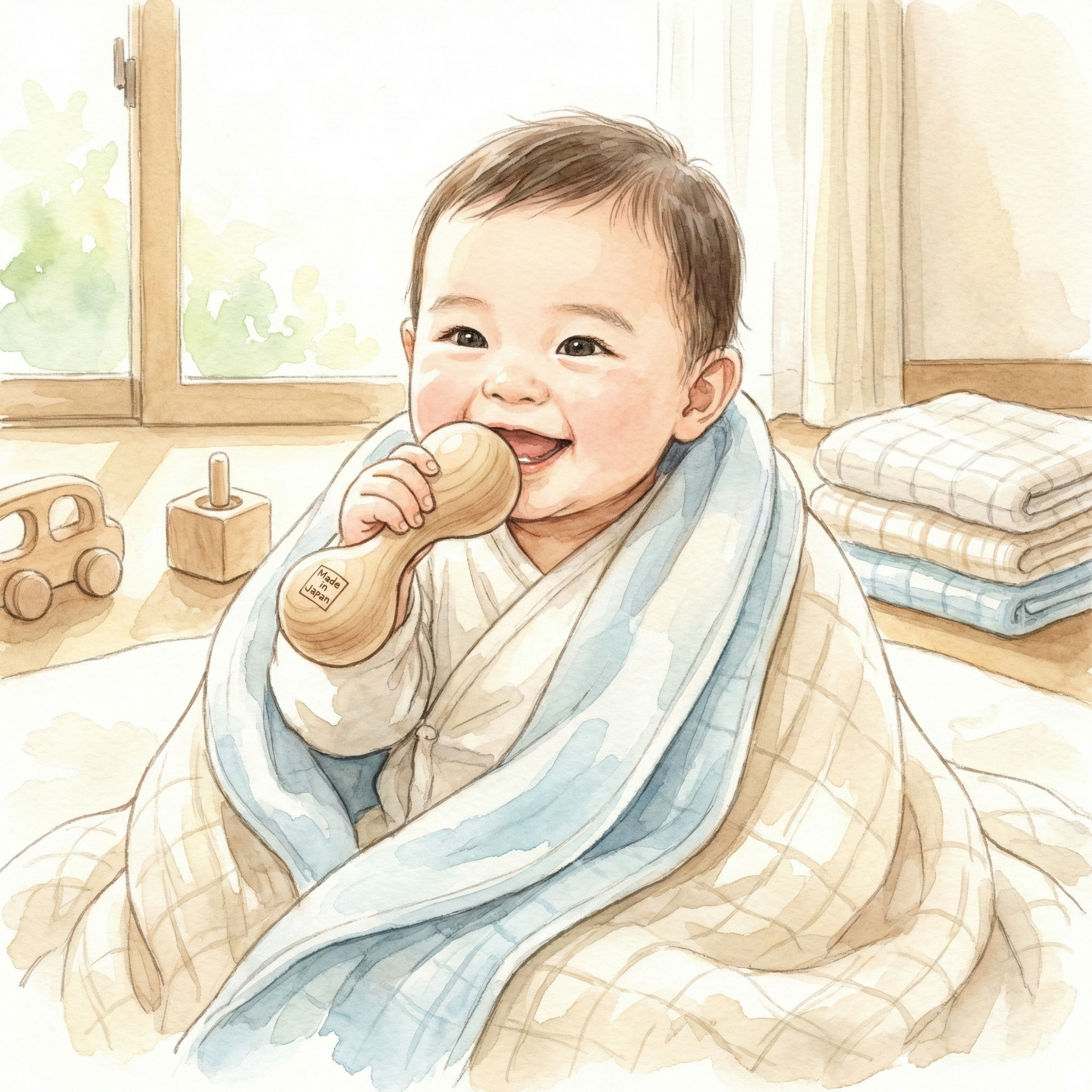 Illustration of a baby happily playing with Japanese-made wooden toys
