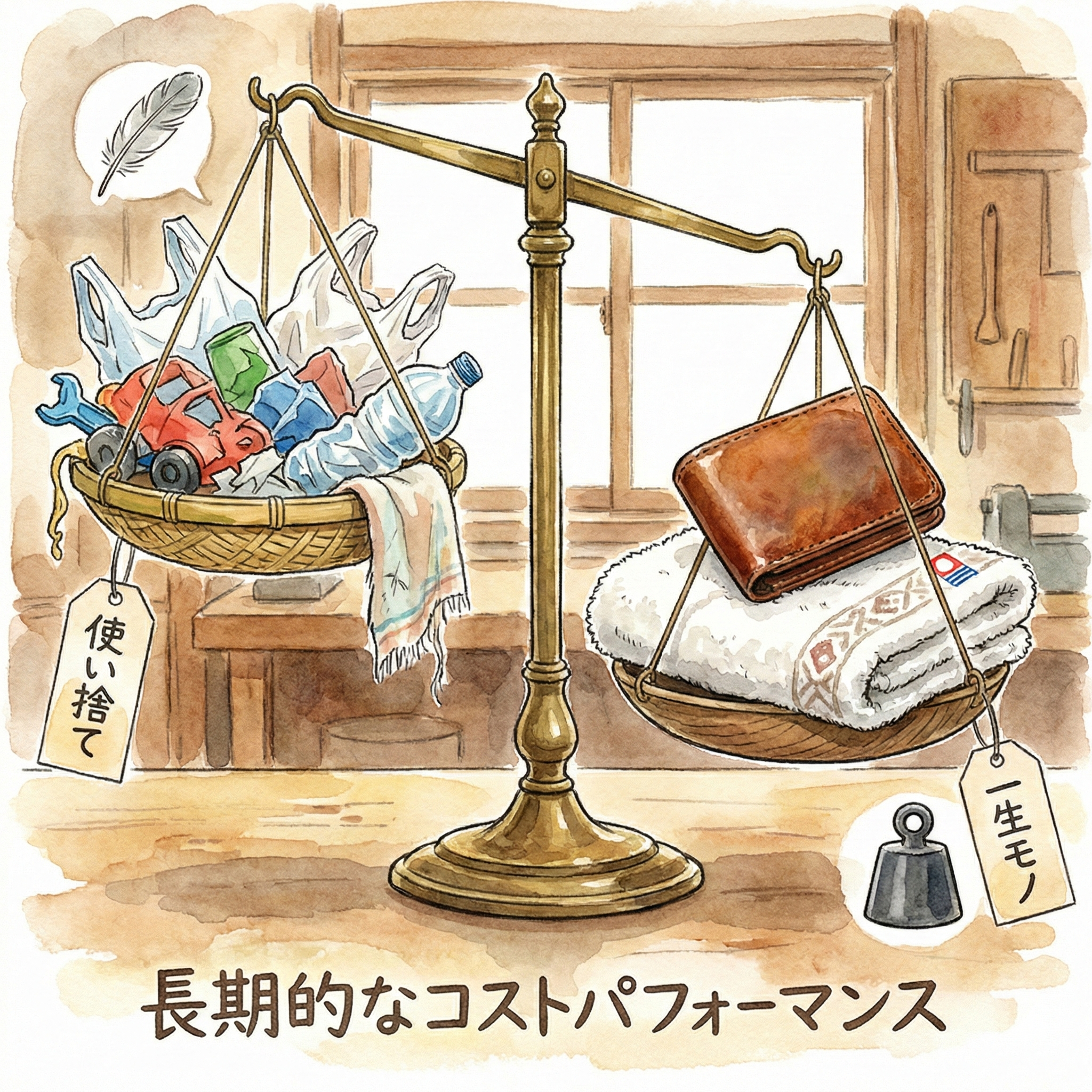 Illustration of a scale balancing the cost of a disposable product against a long-lasting Japanese-made one