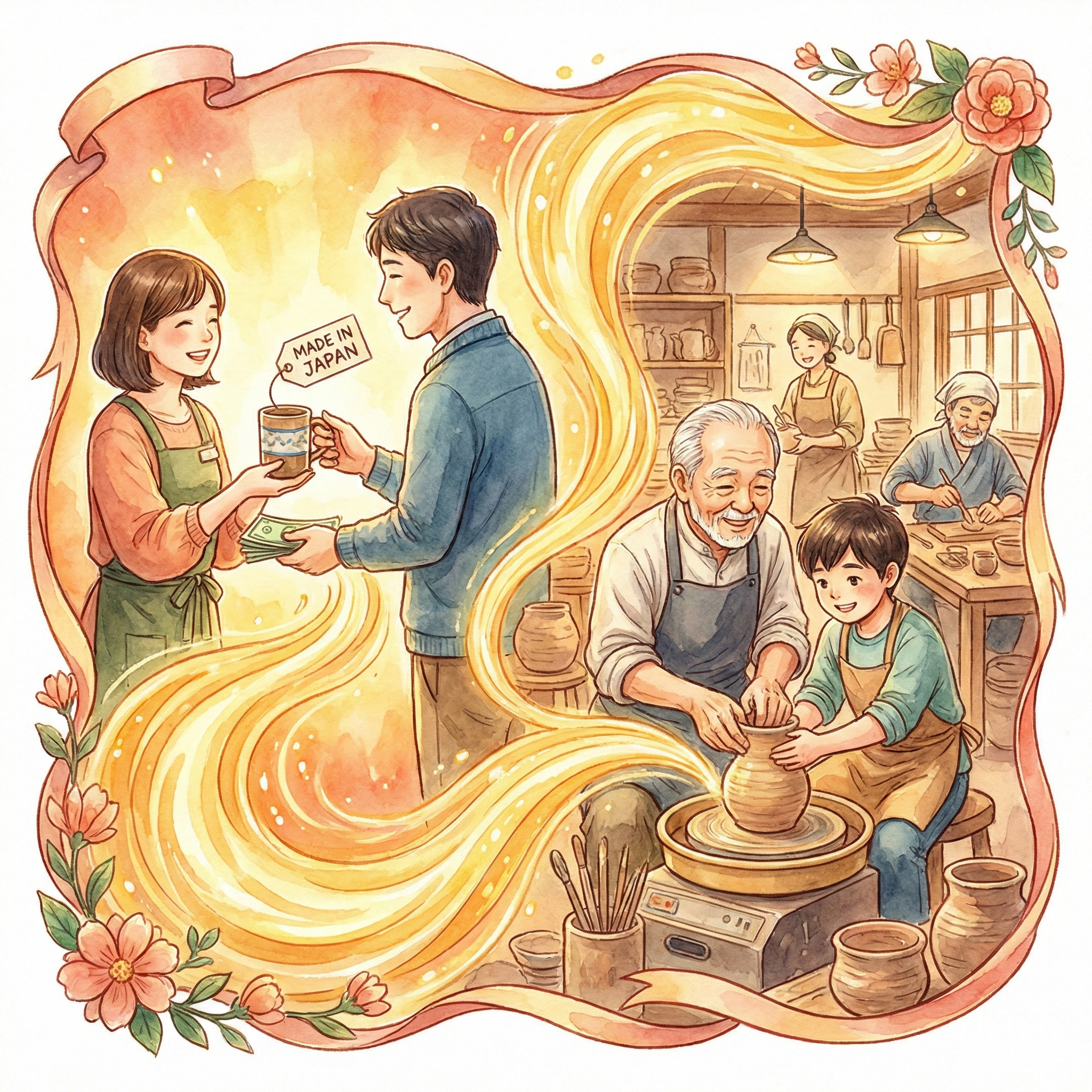 Illustration showing how consumer purchases flow from buyer to craftsperson and help pass traditional skills to the next generation