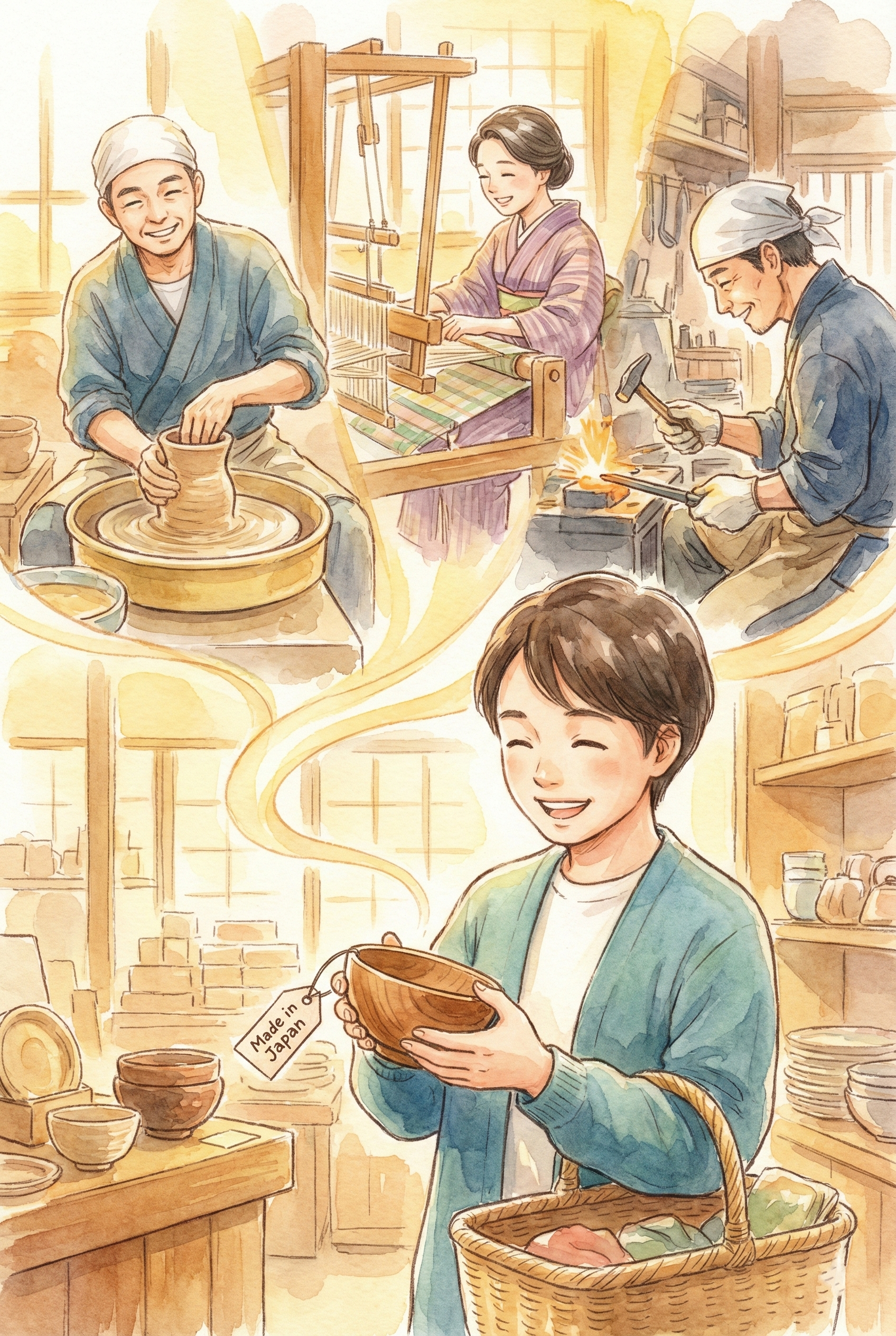 Illustration of a smiling person holding a shopping basket and happily selecting products