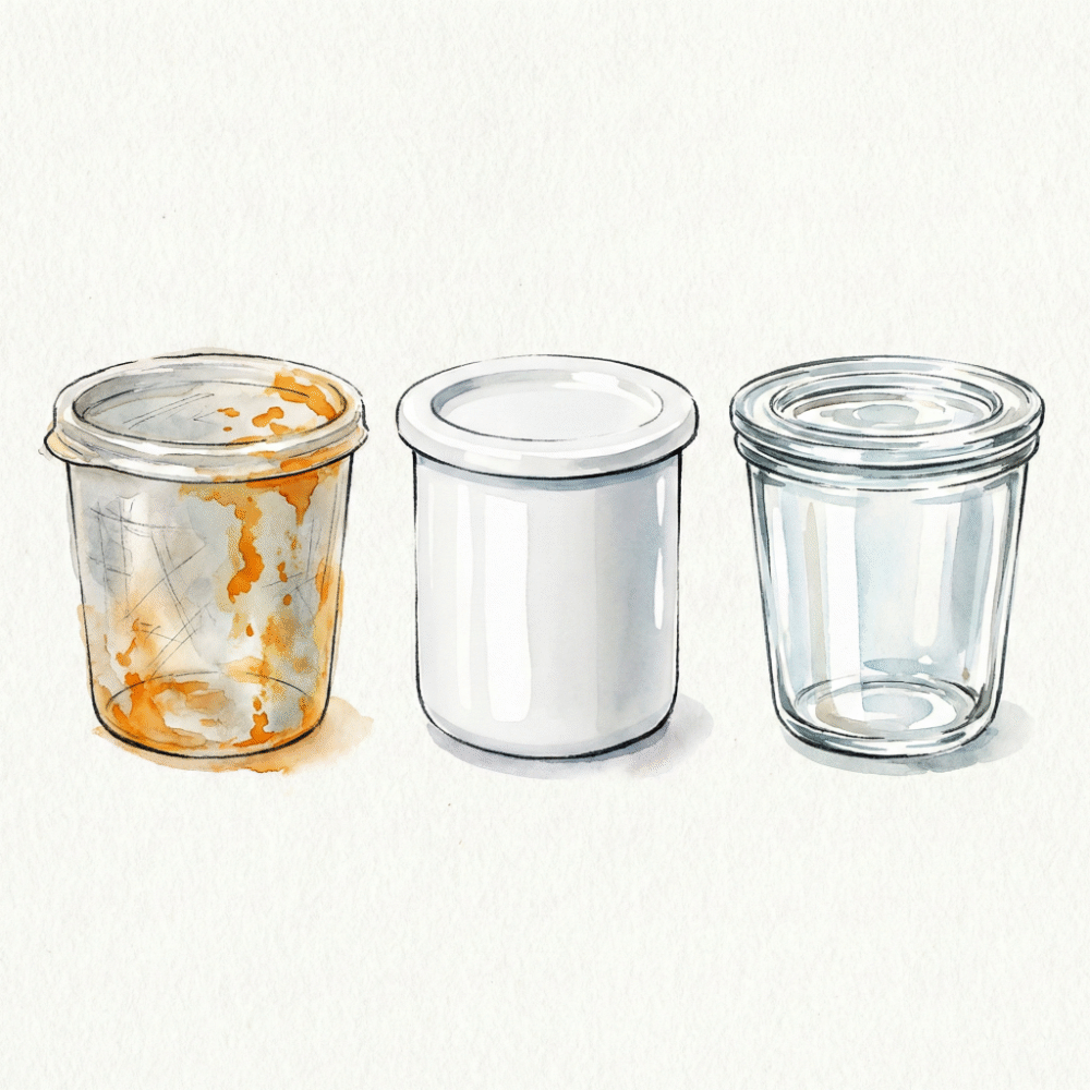 Illustration comparing a stained plastic container with pristine glass and enamel alternatives