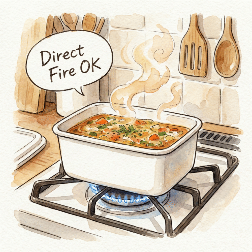 Illustration of Noda Horo enamel container being placed directly on a gas burner from the fridge