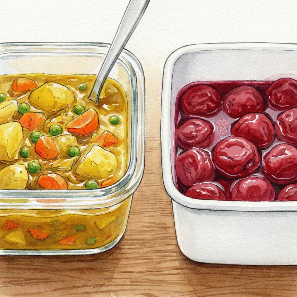 Illustration of a glass container with curry and an enamel container with pickled plums — both perfectly clean with no staining