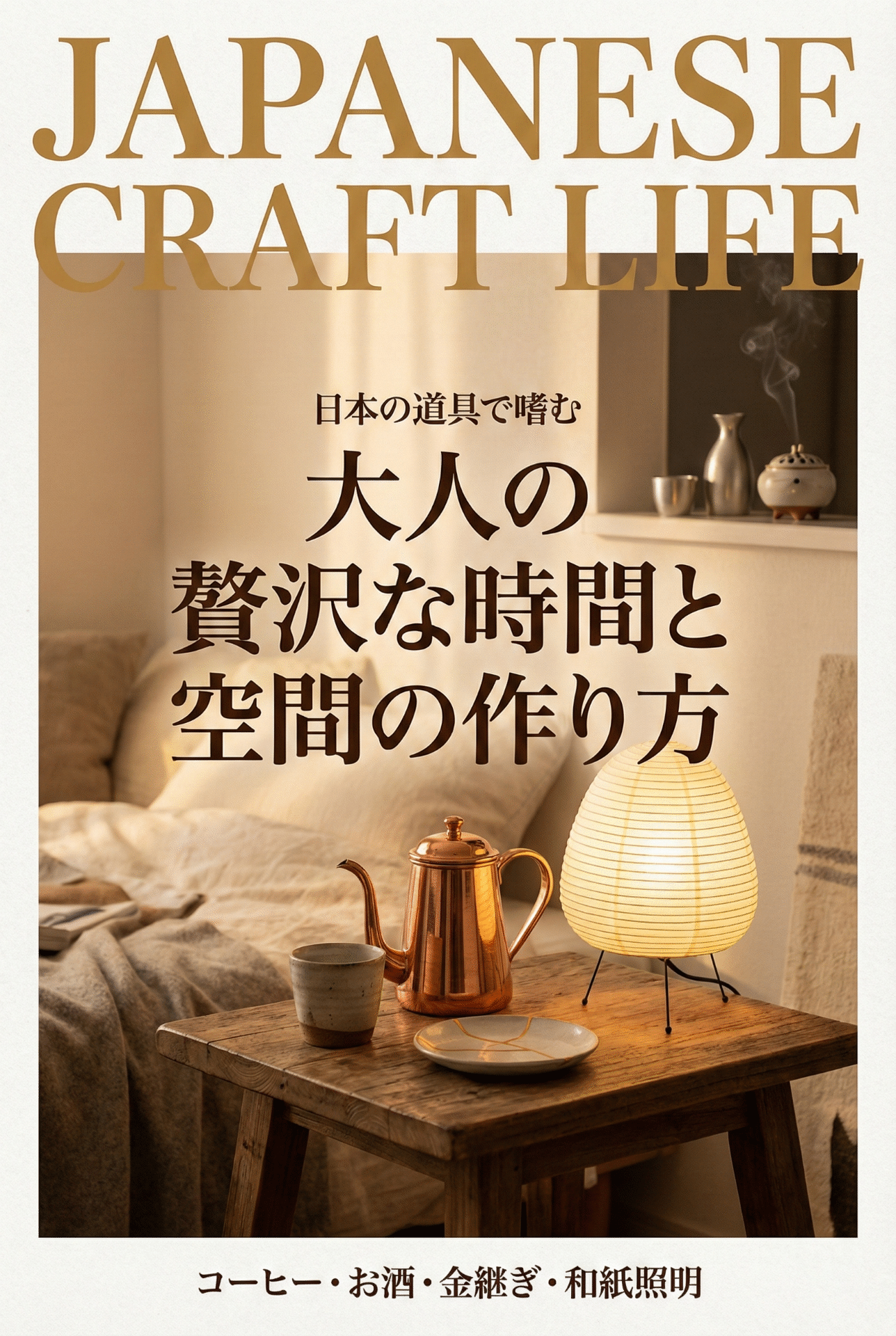 A calm, warm adult living space arranged with coffee tools, sake cups, and favorite objects