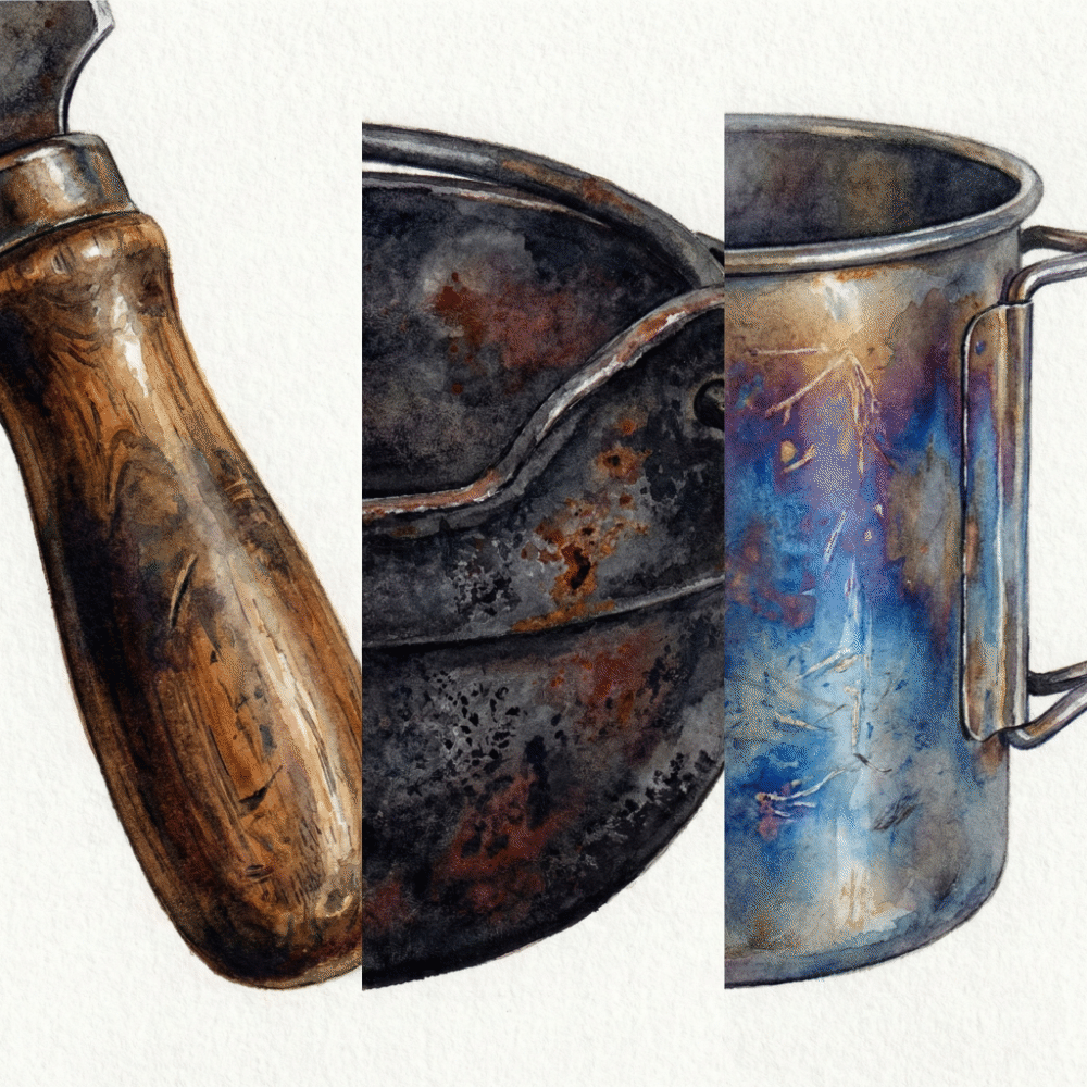 Illustration of well-used tools showing beautiful aging — a leather tool roll with deep patina and a titanium mug with a flame-kissed finish