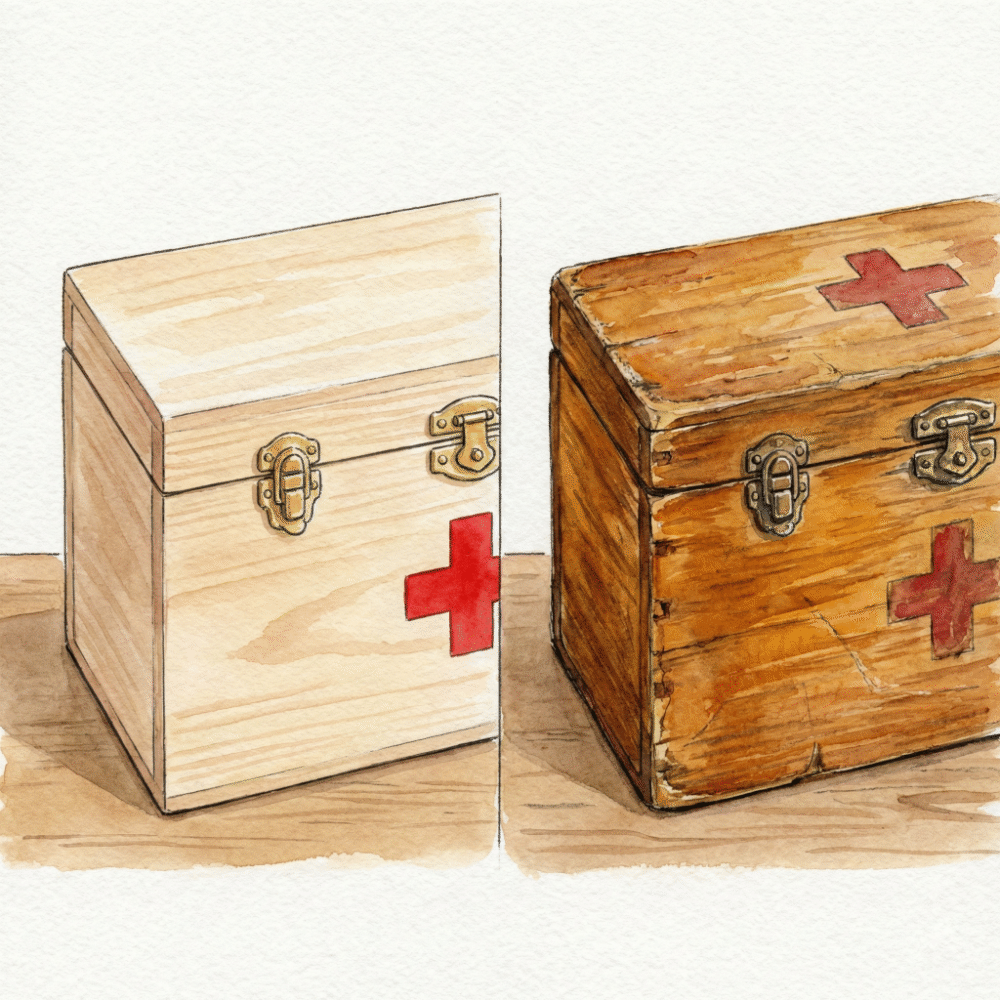 Illustration of a well-worn wooden medicine box and a scratched stainless steel bento box, both full of character