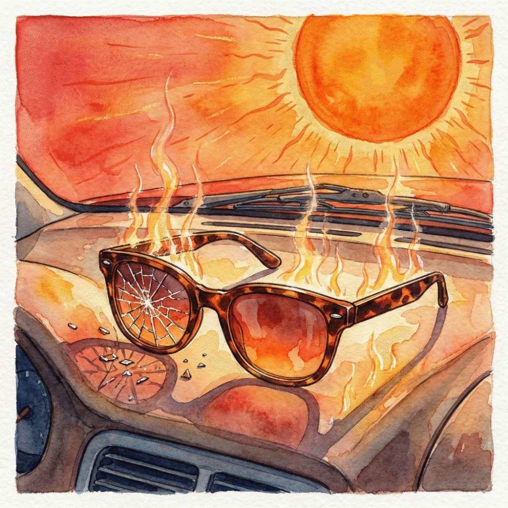 Warning illustration: sunglasses left on a summer car dashboard with steam rising, showing lens coating damage
