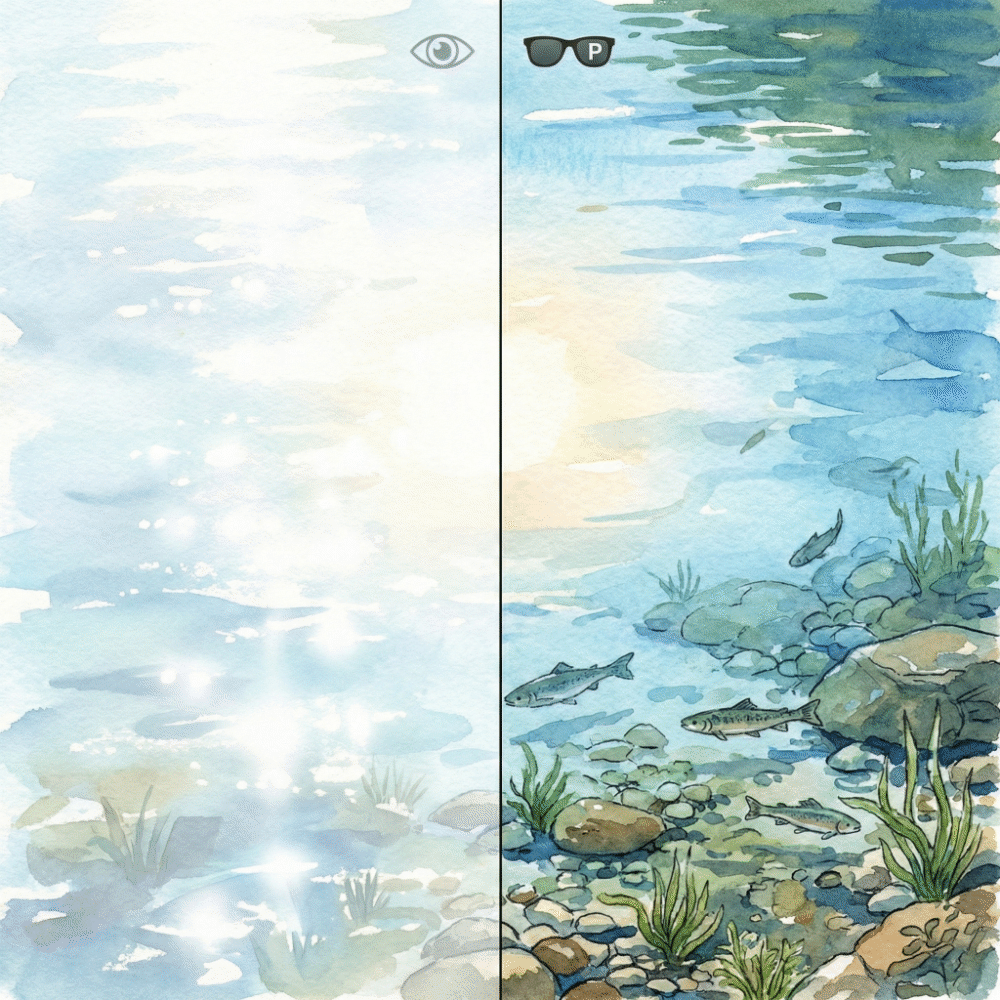 Illustration comparing view through a polarized lens vs. the naked eye — water glare eliminated, fish visible beneath the surface
