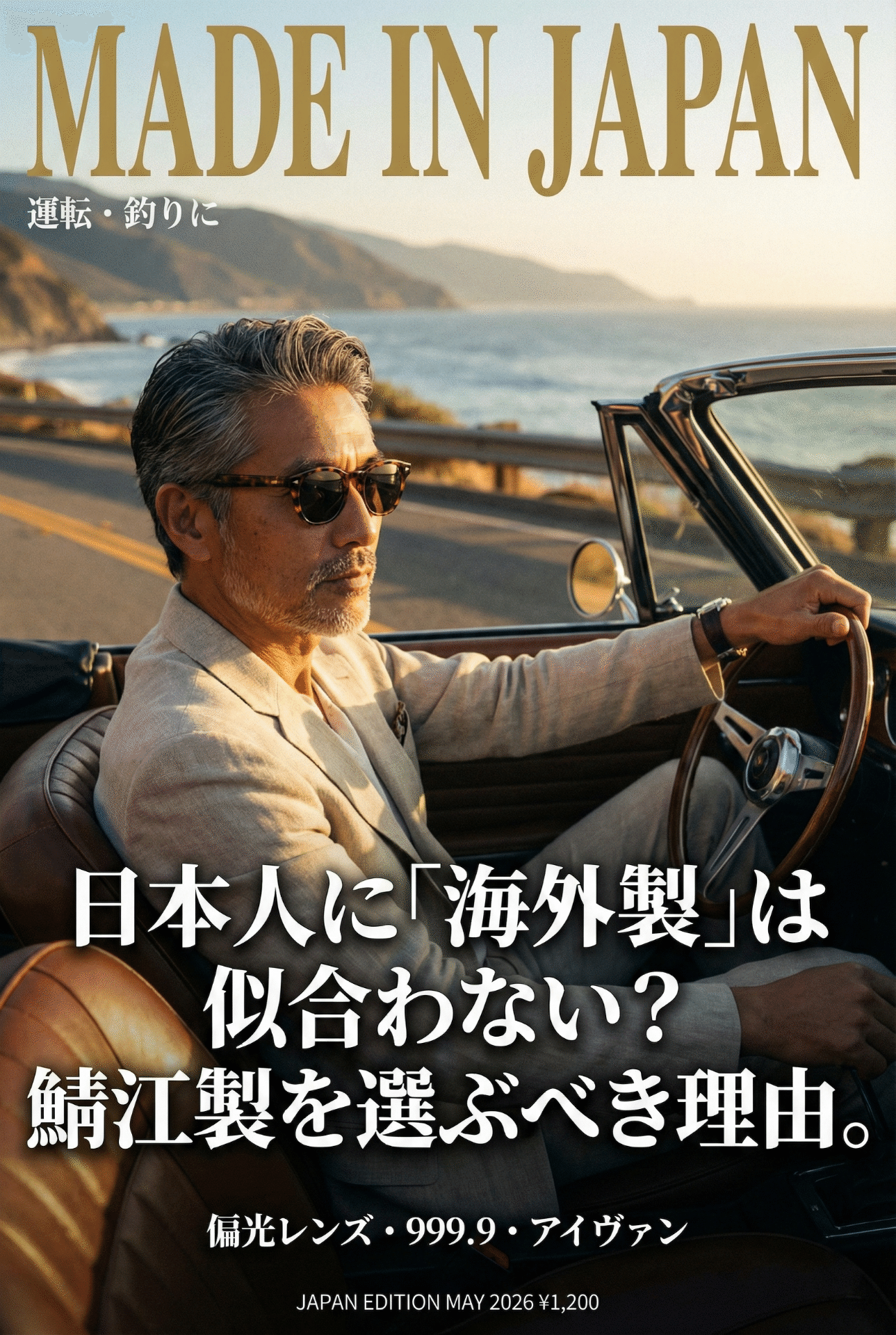 Japanese sunglasses on a table in a car or resort terrace, with a beautiful landscape visible beyond