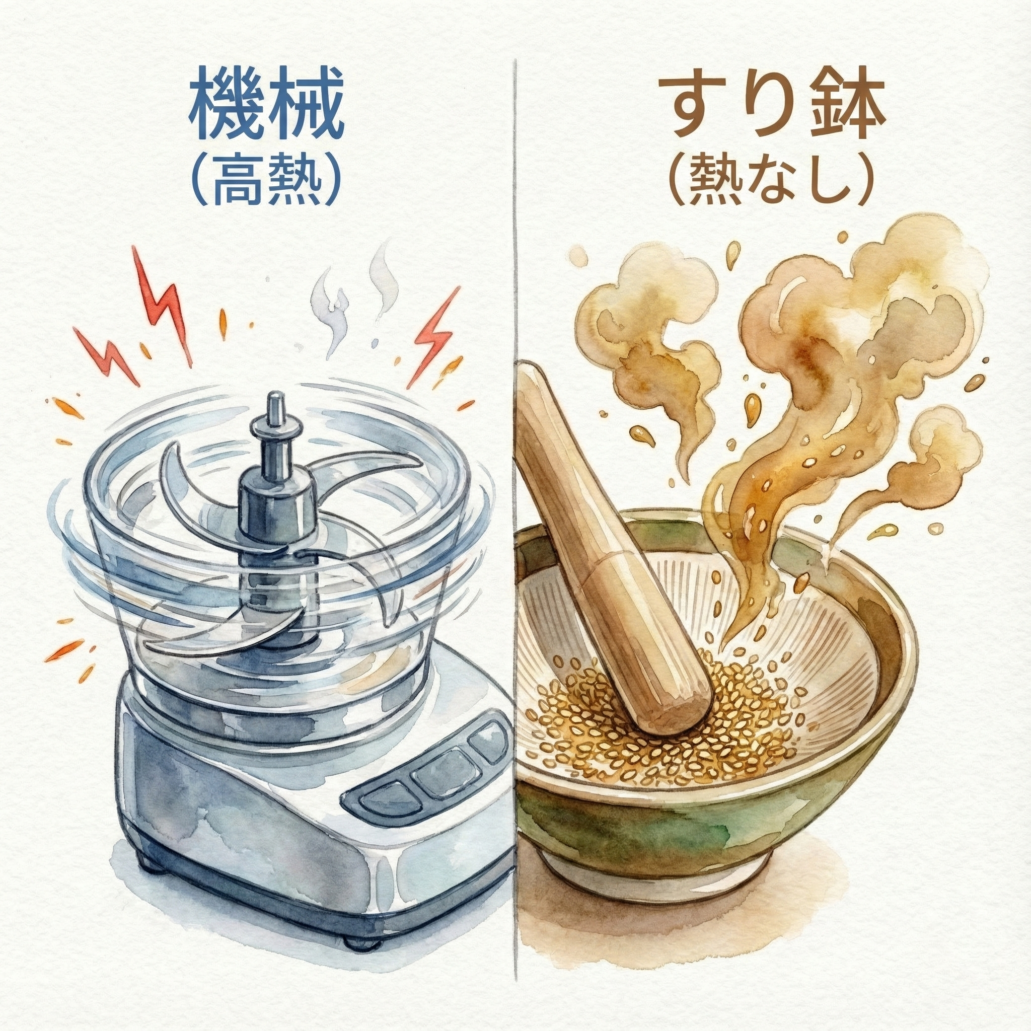 Comparison illustration showing aroma from a food processor blade versus hand-grinding in a suribachi