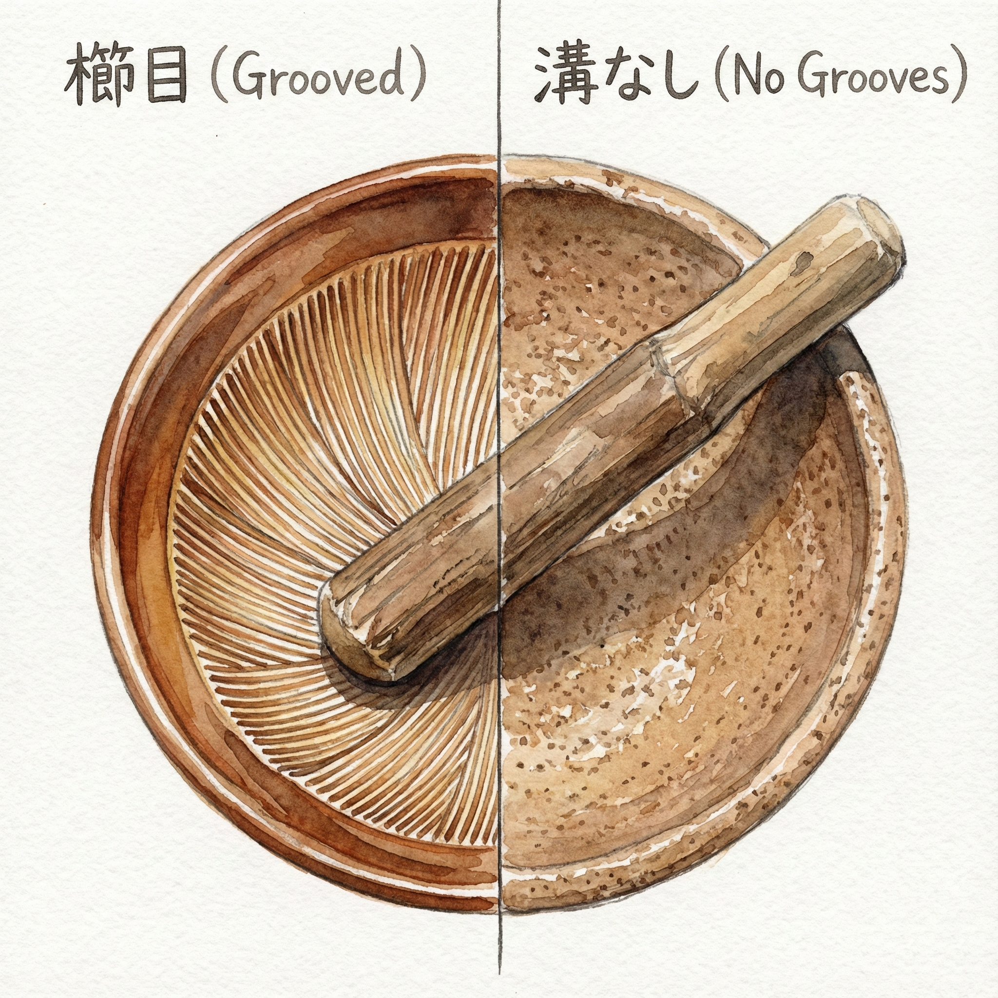 Interior comparison illustration of a traditional ridged suribachi versus a modern groove-free suribachi