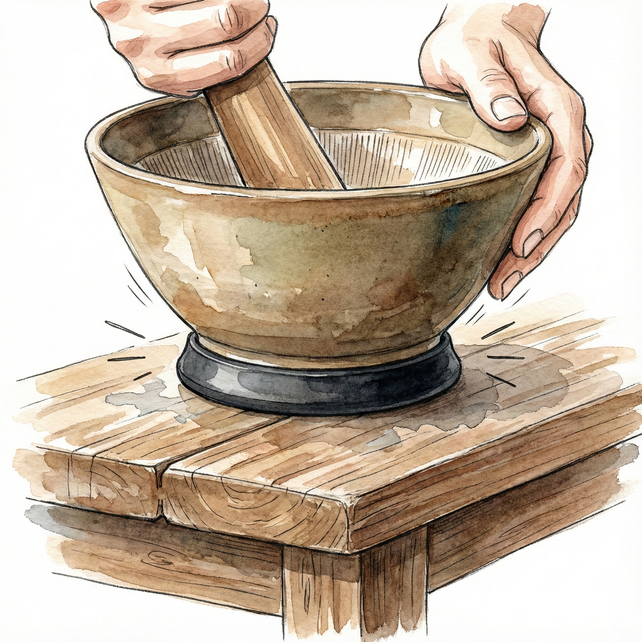 Illustration of a suribachi with a silicone rubber base gripping firmly on a counter