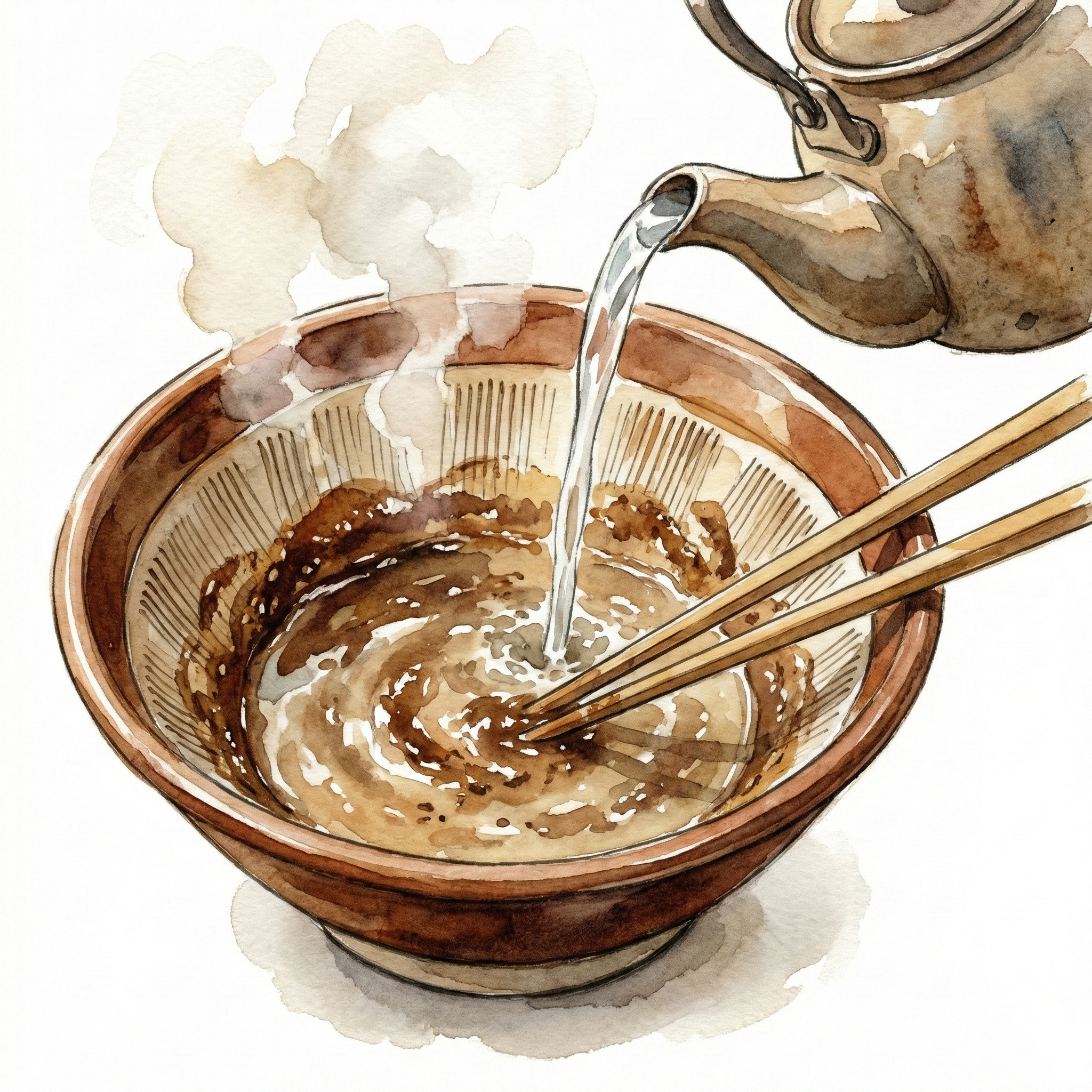 Illustration of pouring hot water into a used suribachi to make instant soup