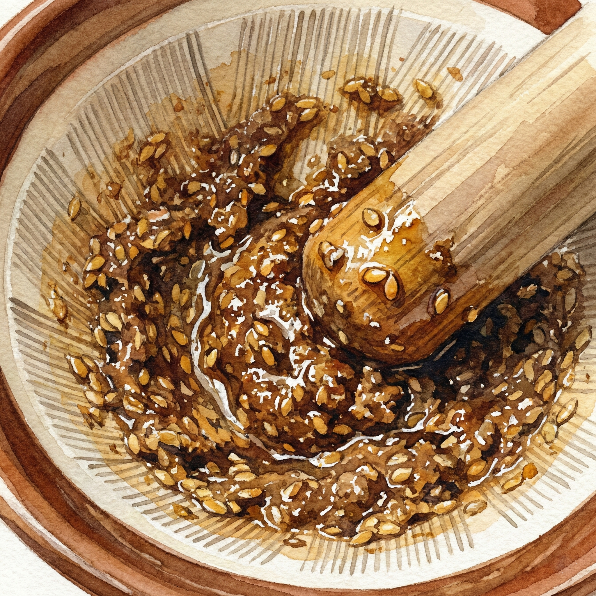 Illustration of half-crushed sesame in a suribachi — the hangoroshi stage