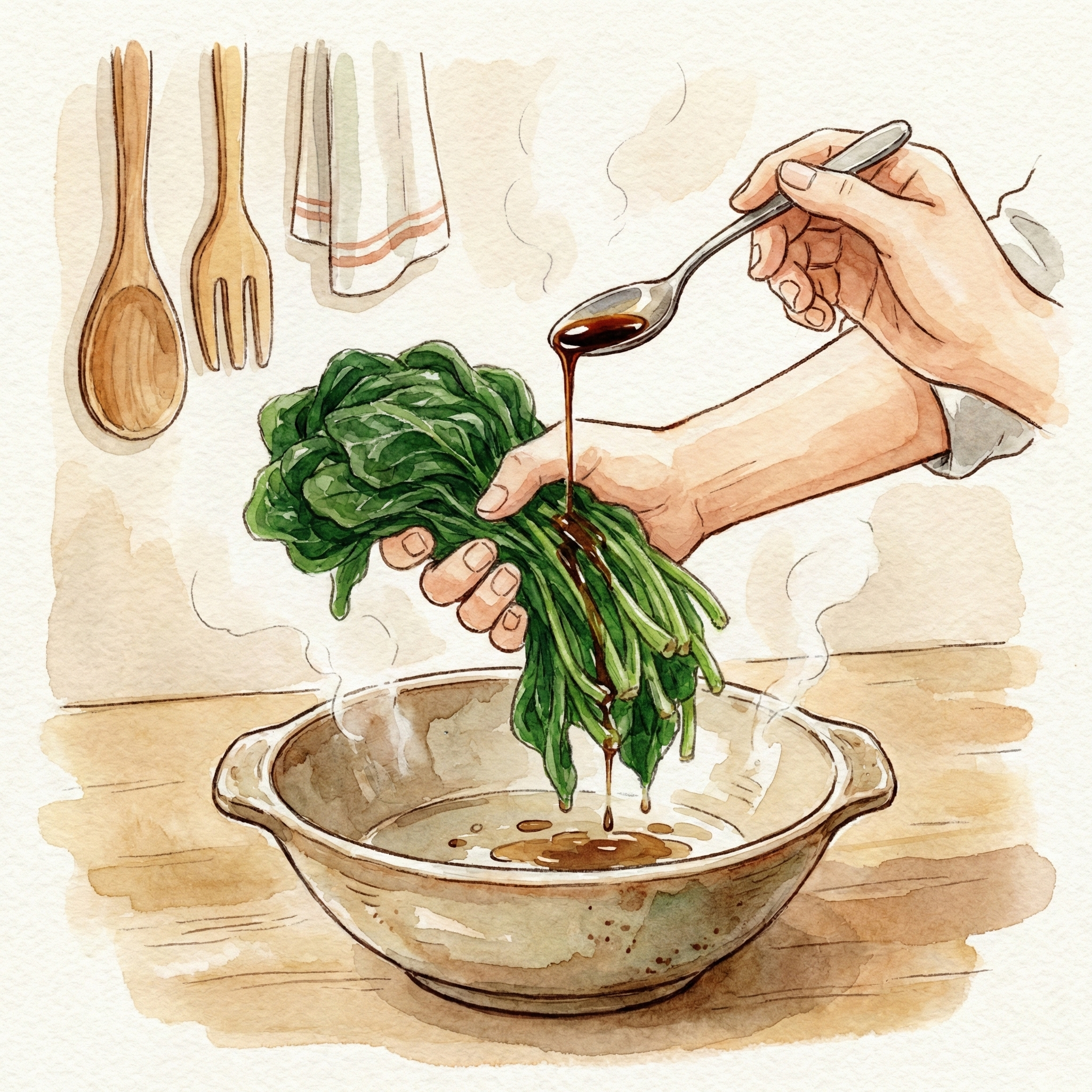 Illustration of drizzling soy sauce over blanched spinach for the shoyu-arai technique