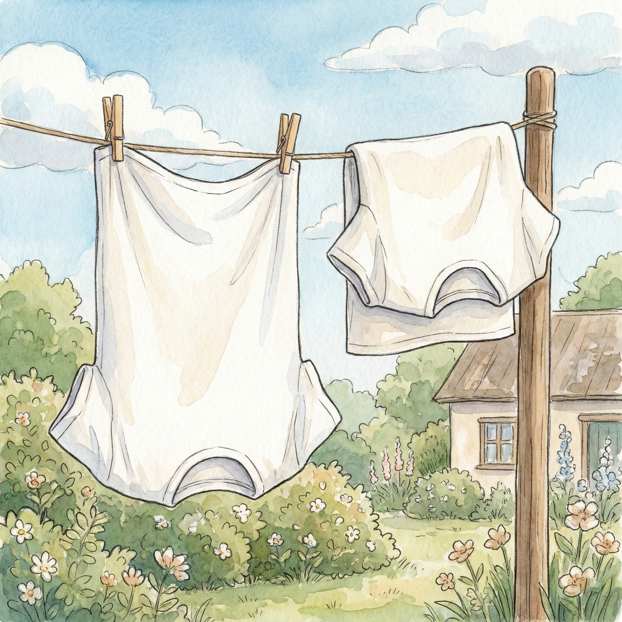 Illustration showing two correct drying methods: T-shirt clipped at the hem upside-down, and T-shirt folded over a drying rack