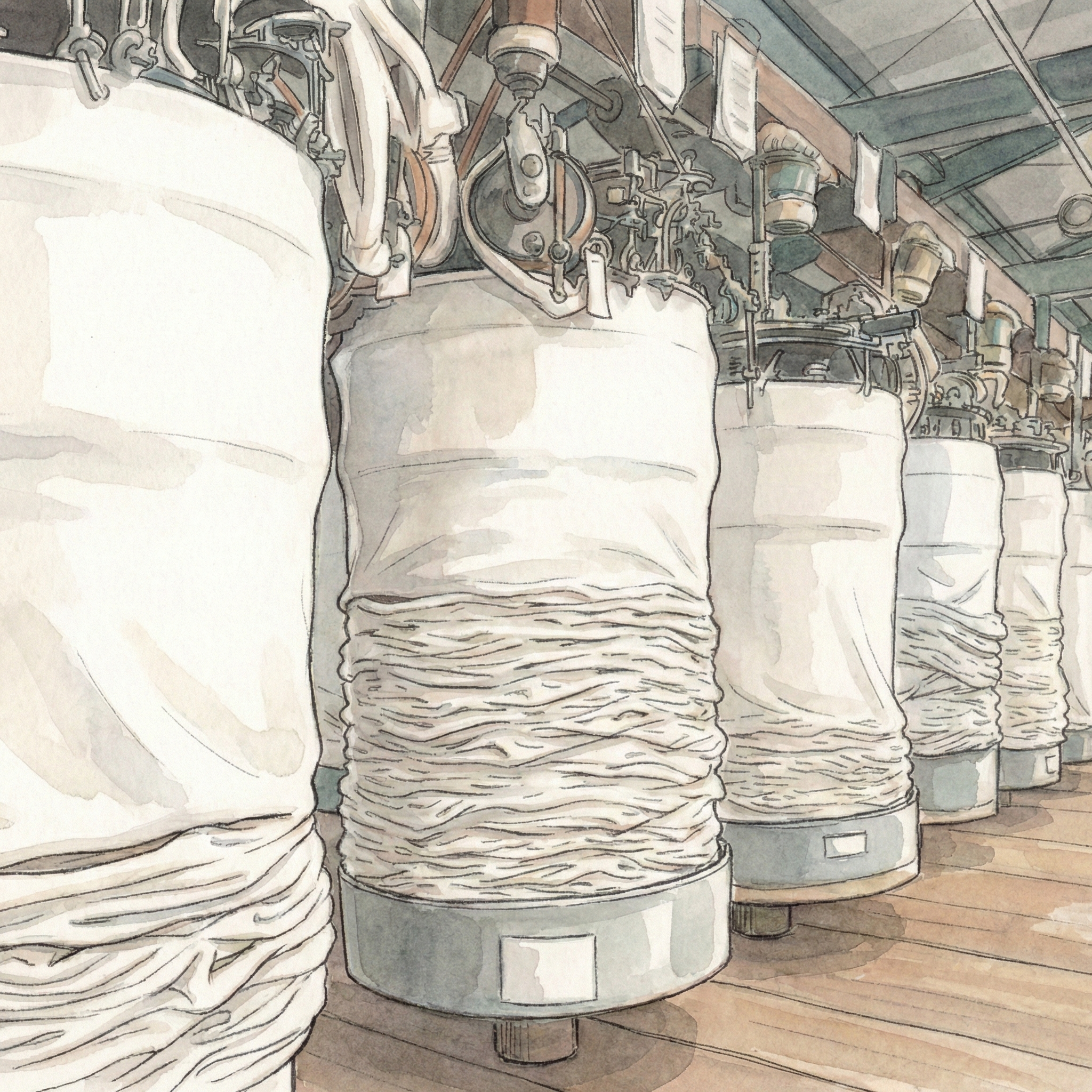 Illustration of an antique loop wheel knitting machine suspended from the ceiling, slowly producing fabric by gravity