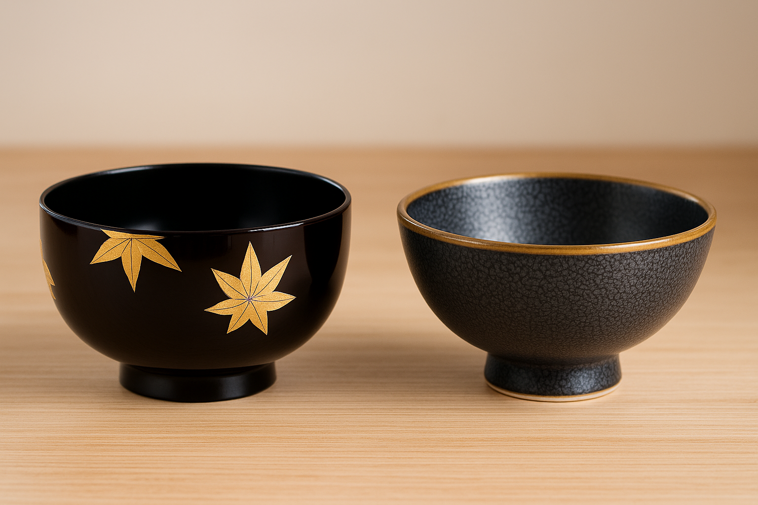 A lacquerware rice bowl and a ceramic plate displayed side by side for comparison