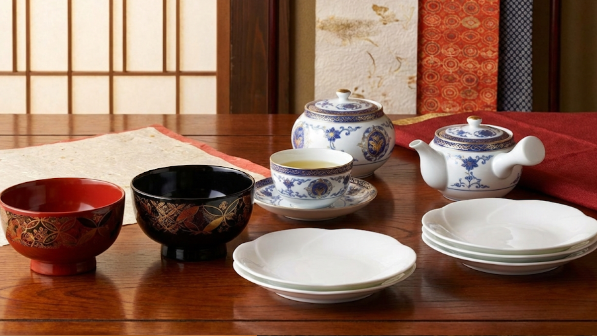 A Wajima-nuri pair soup bowl set, Koransha tea service, and Hakusan Toki plates arranged as gift items