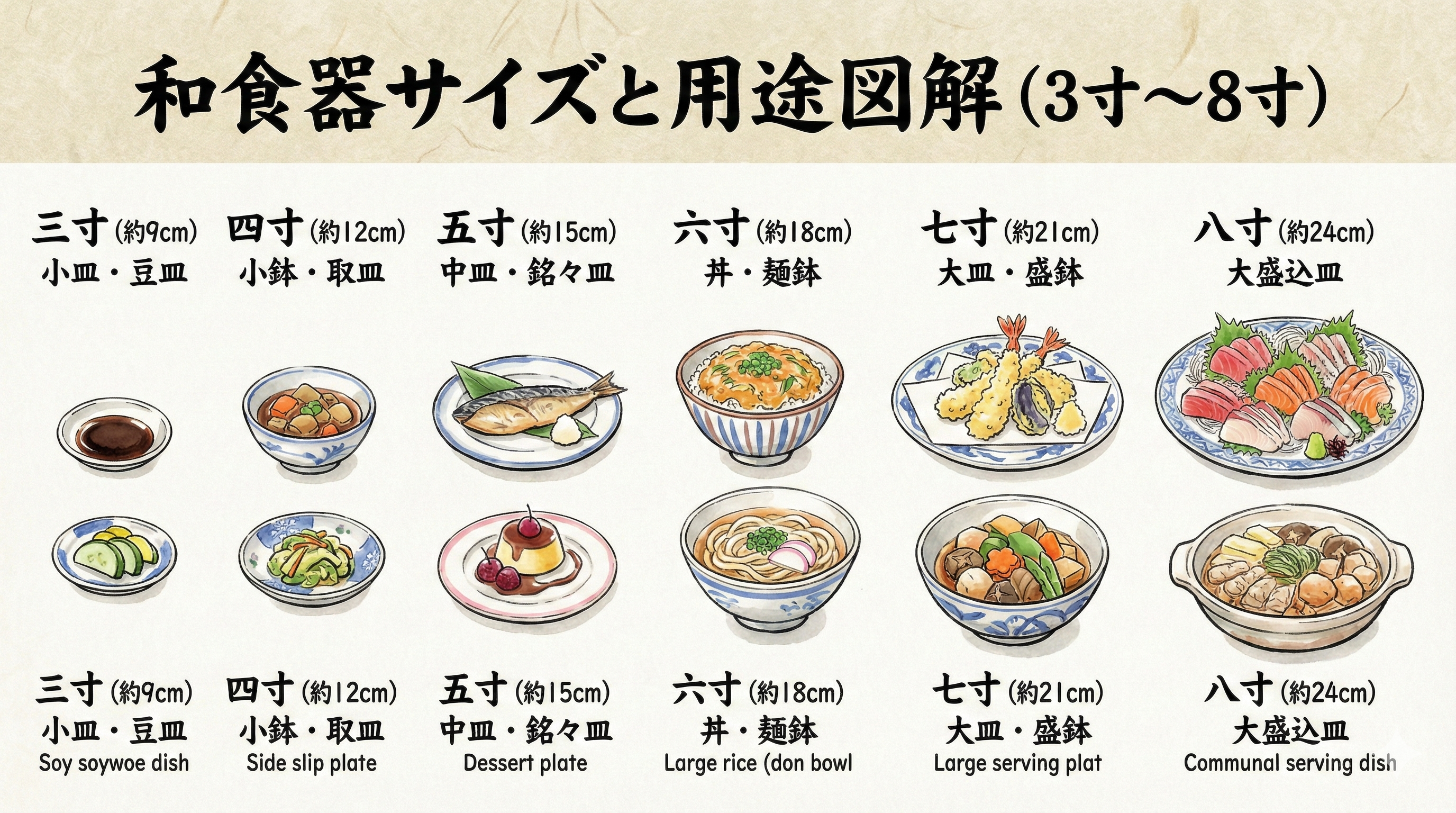 Illustrated size chart showing Japanese tableware from 3-sun to 8-sun with uses for each size