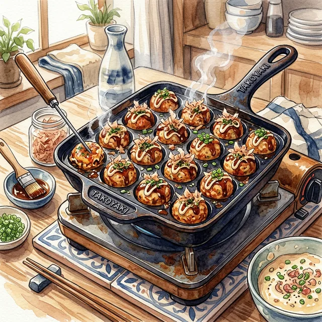 Illustration of cast iron takoyaki pan heat retention and crispy exterior