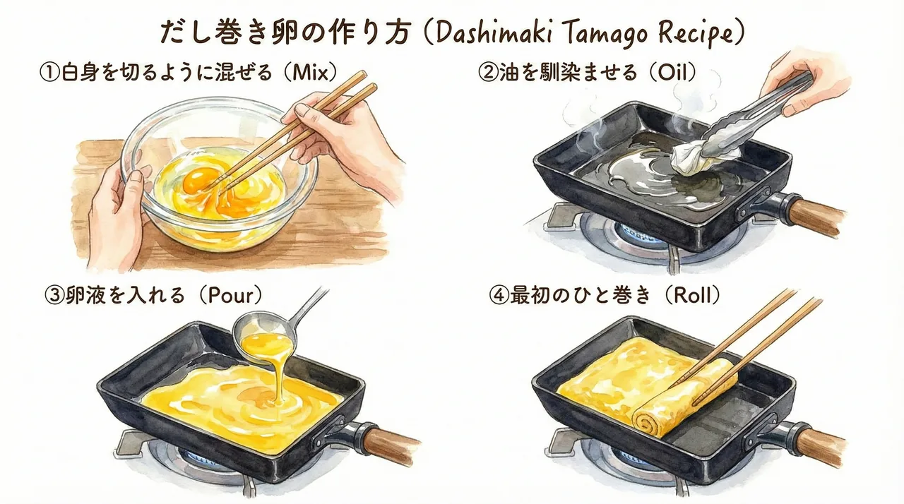 Tamagoyaki step 1: mix eggs, oil the pan, pour egg mixture, make first roll