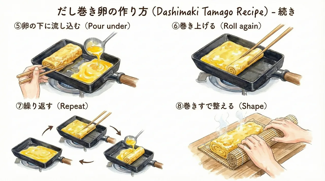 Tamagoyaki step 2: slide egg under roll, fold, repeat, shape in bamboo mat