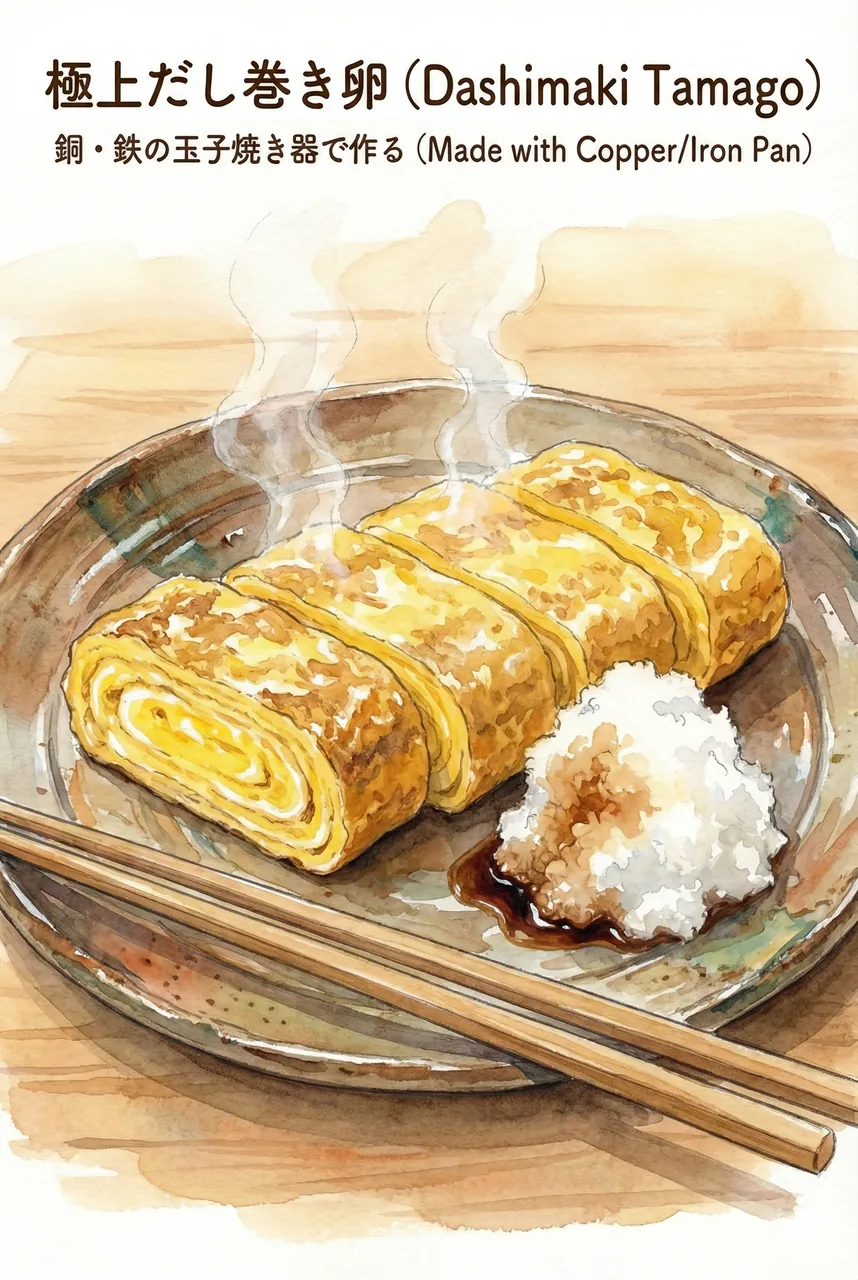 Finished dashimaki tamago with grated daikon on a Japanese plate