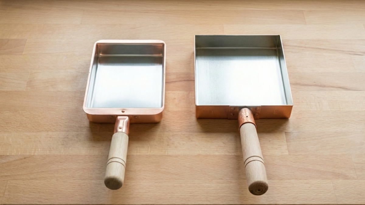 Comparison of square East-style (Kanto) and rectangular West-style (Kansai) Japanese tamagoyaki pans, showing the different proportions