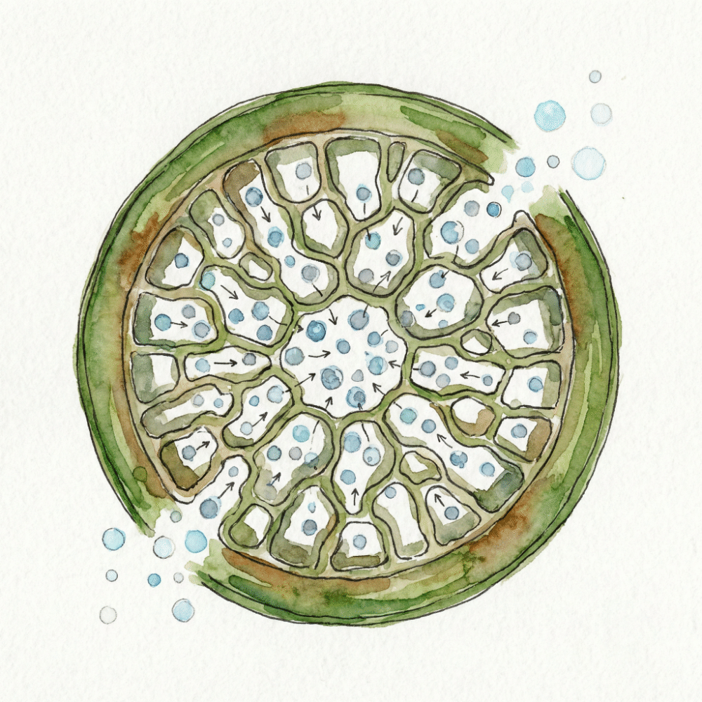 Cross-section illustration of domestic igusa stalk showing the sponge-like interior that absorbs humidity and harmful compounds