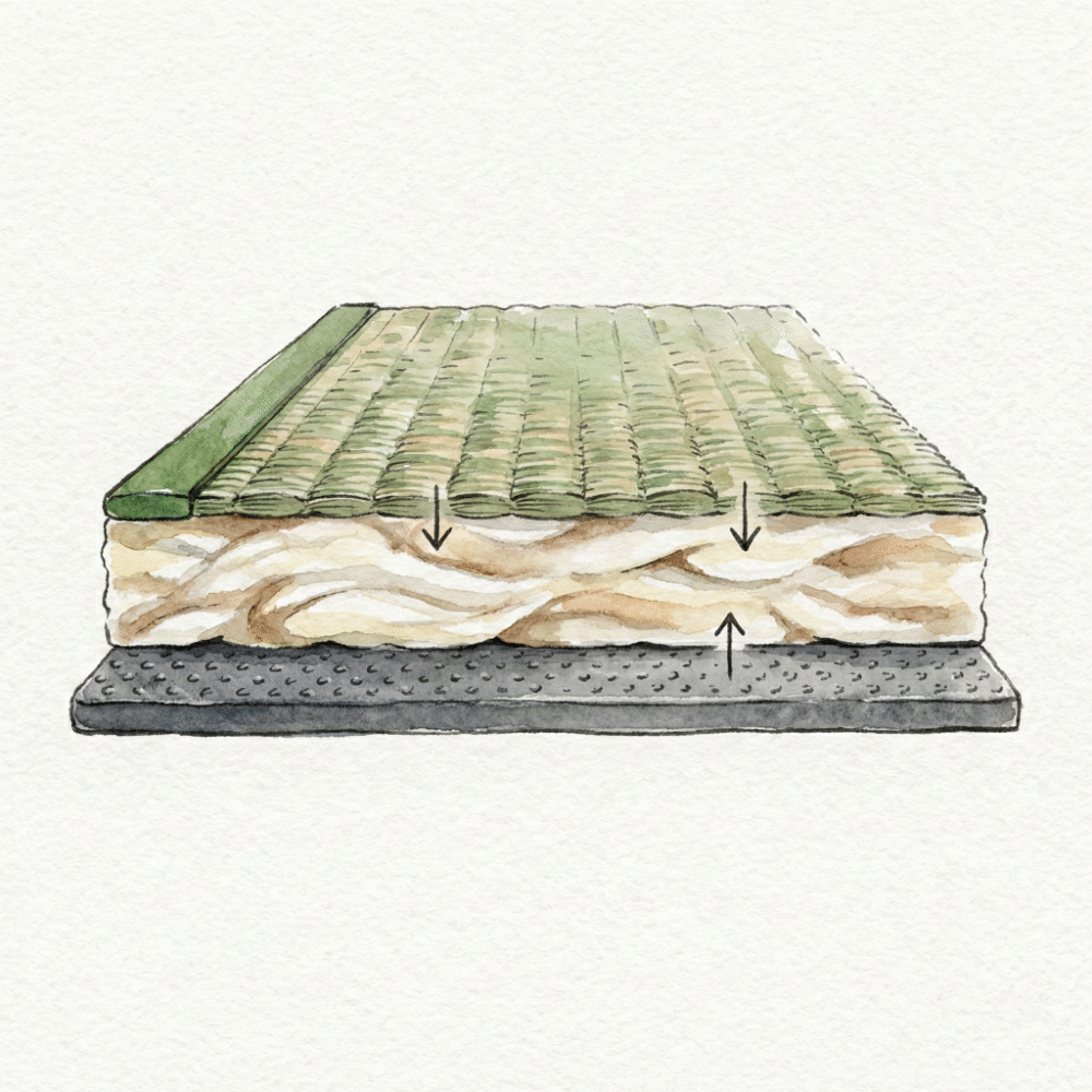 Side-view illustration of a tatami tile showing internal thickness and the non-slip coating on the underside