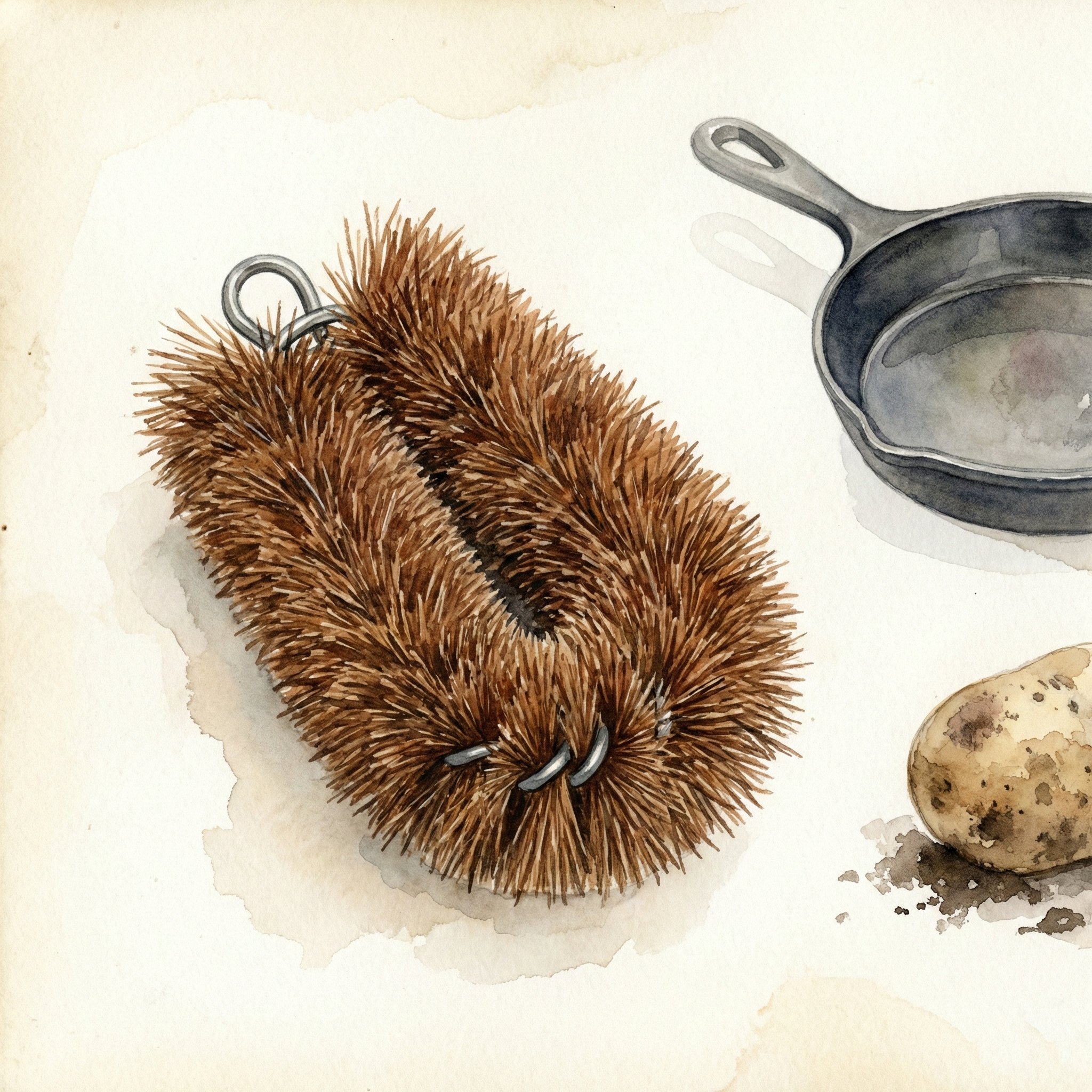 Illustration of a brown palm tawashi beside a cast iron pan