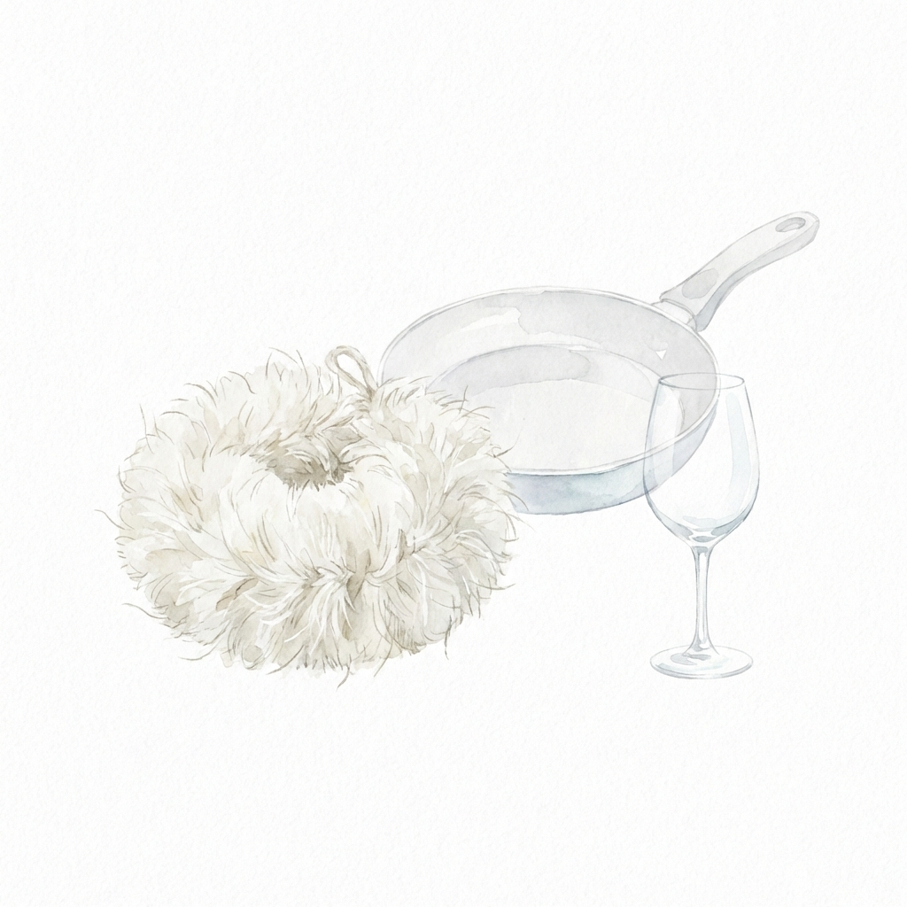 Illustration of a white sisal tawashi beside a Teflon pan