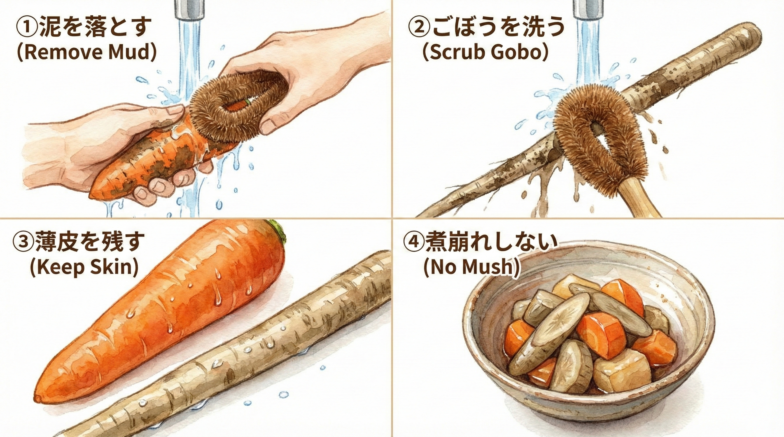 Four-step collage: scrubbing a carrot, cleaning burdock mud, peeling only the thin skin, and a perfectly simmered dish